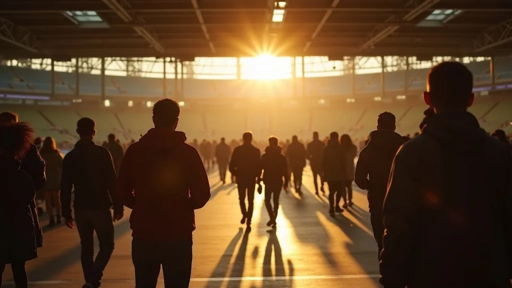 Fans heading up a stadium concourse at golden hour, one checking a phone