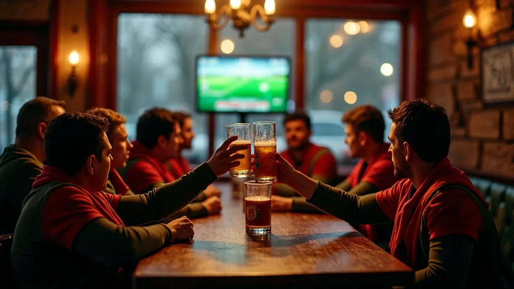 Supporters in club scarves watching a match together at a pub far from home