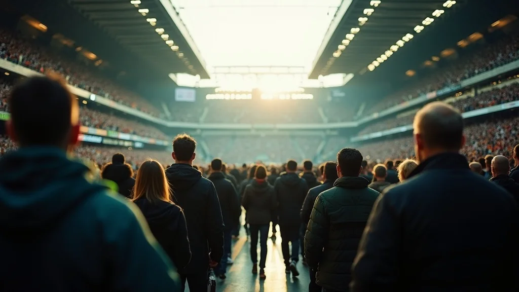 A professional club's stadium filling before kickoff, seen from the concourse