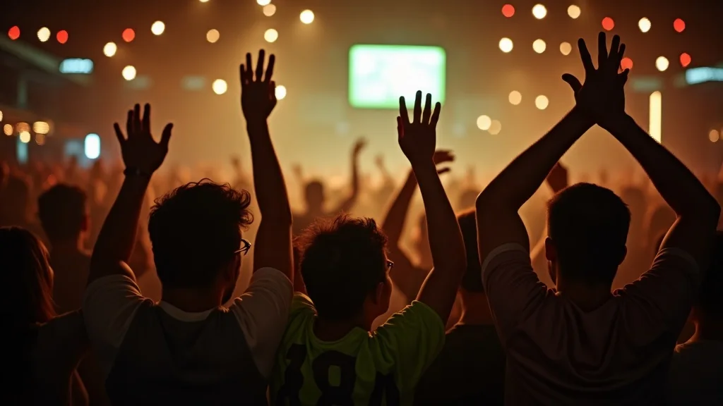 A pub crowd celebrating a goal together during a club watch party