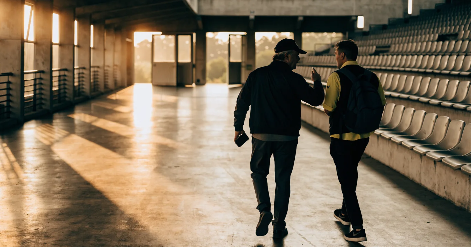 A coach and a volunteer walking through an empty stadium concourse in conversation