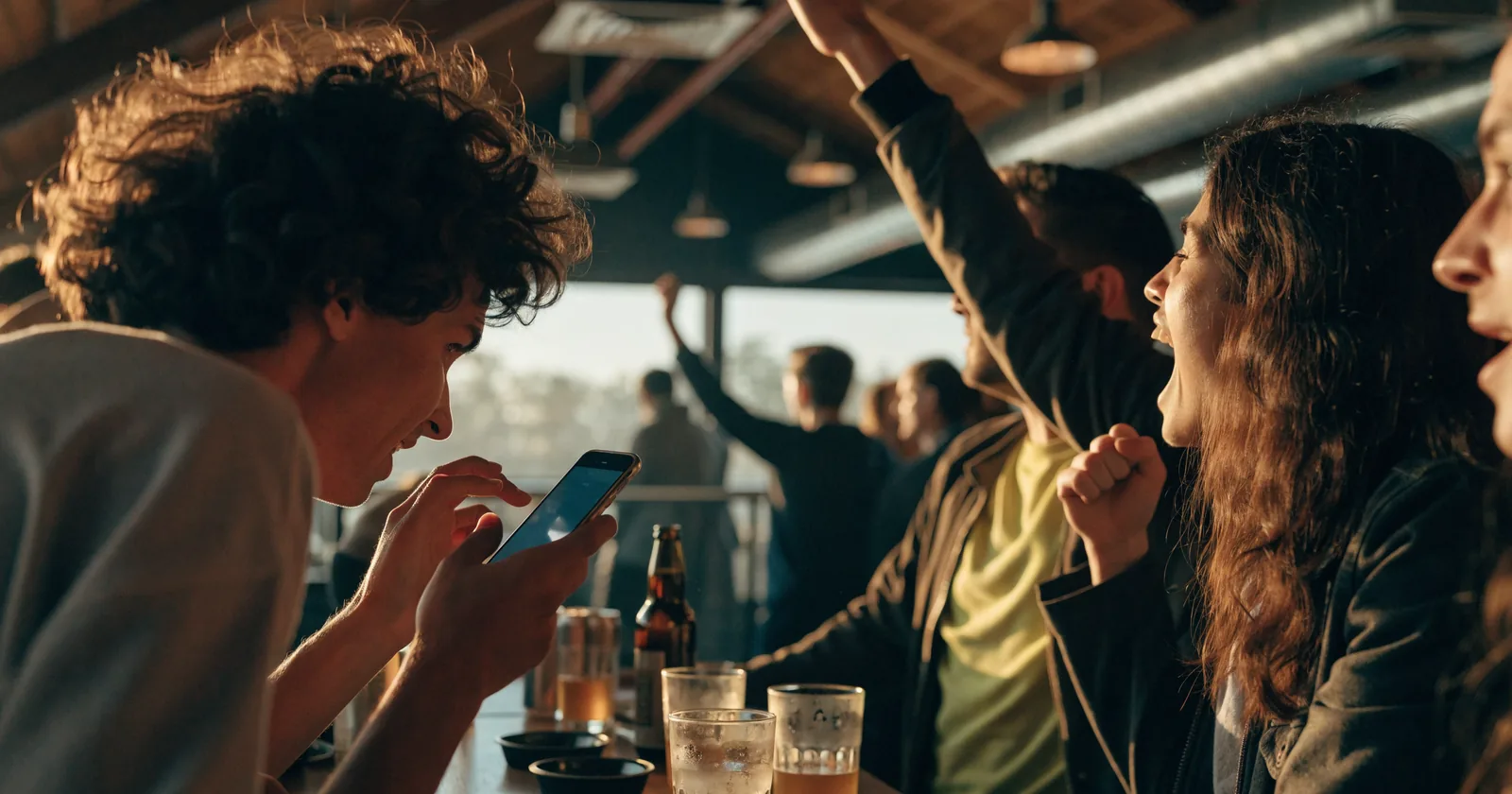 Friends around a high table in a sports bar, one tapping a phone while the others cheer at the TV