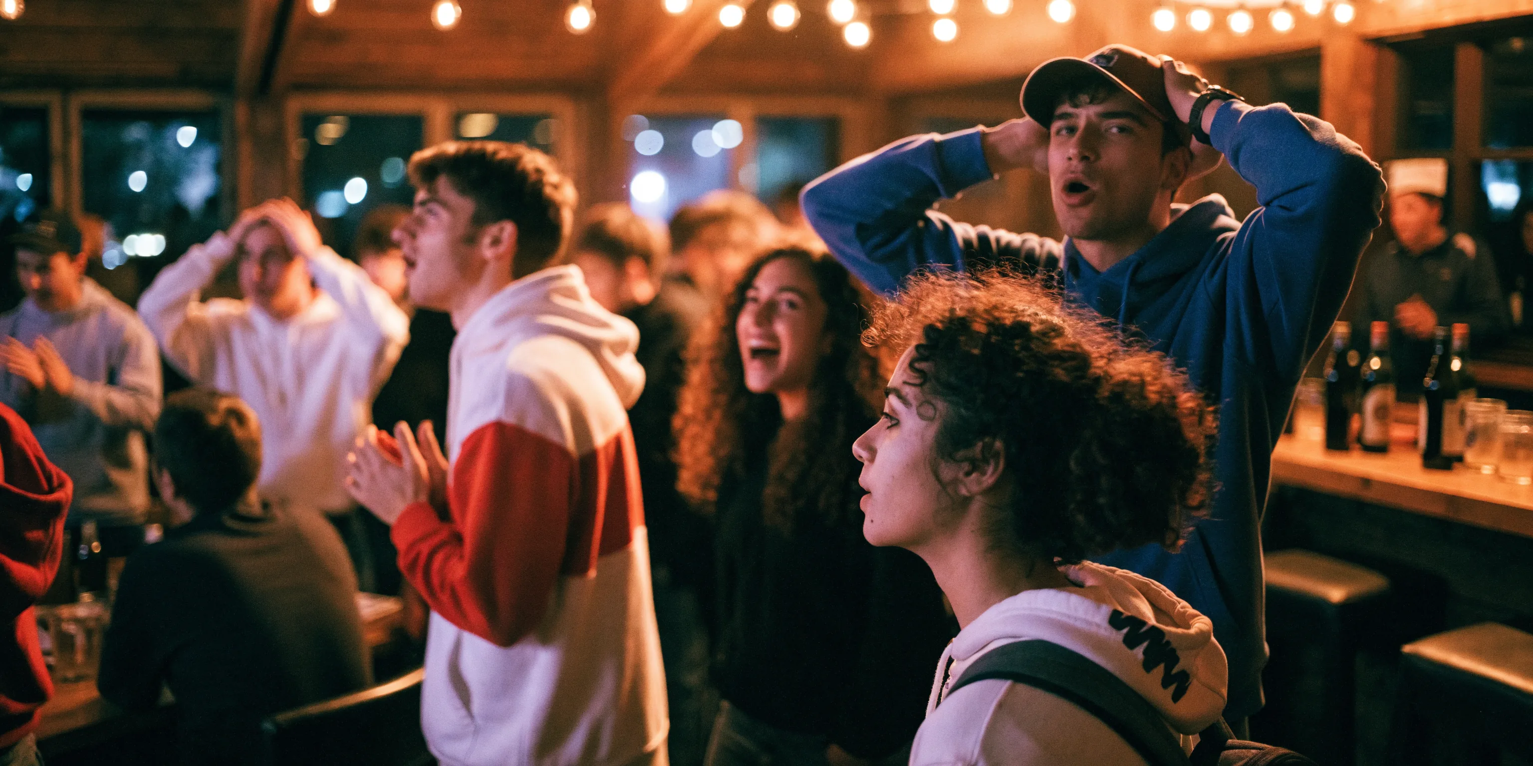 College students reacting to an away game together at a campus-town sports bar