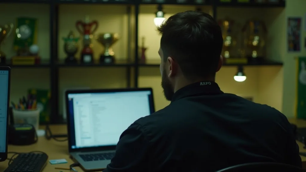 A club staffer reviewing fan activity at a small club office desk