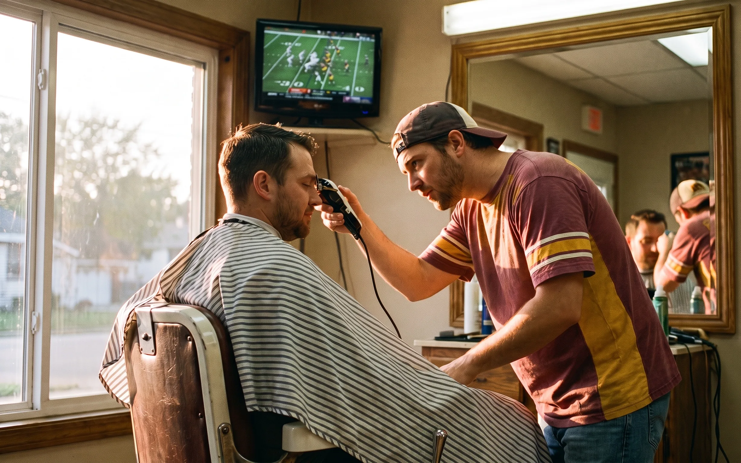 A barber in team colors finishing a fade while the game plays on the shop TV