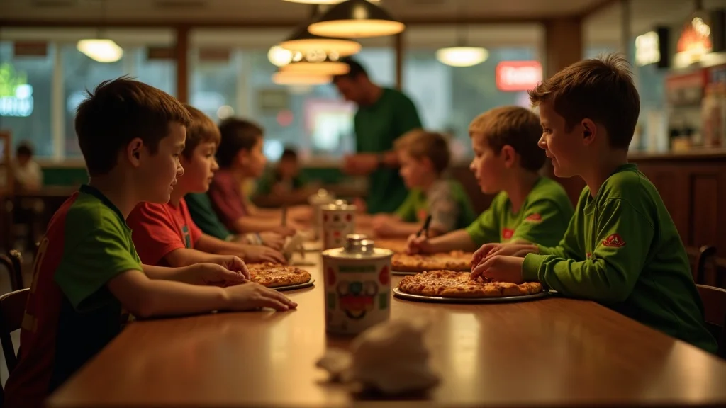 Families filling a pizza restaurant on a youth team fundraiser night