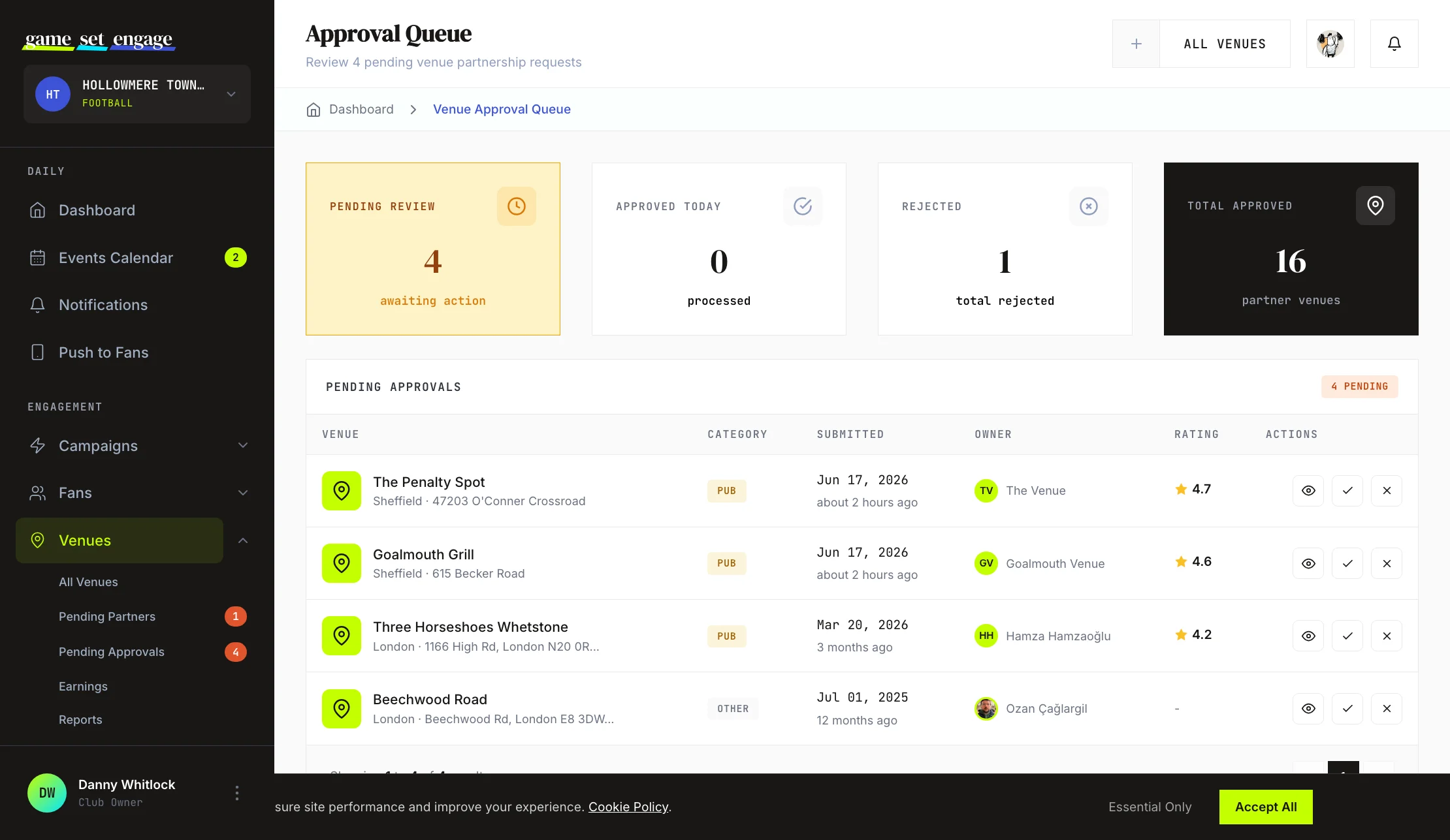 The Approval Queue with pending venues listed and the approve and reject actions on each row