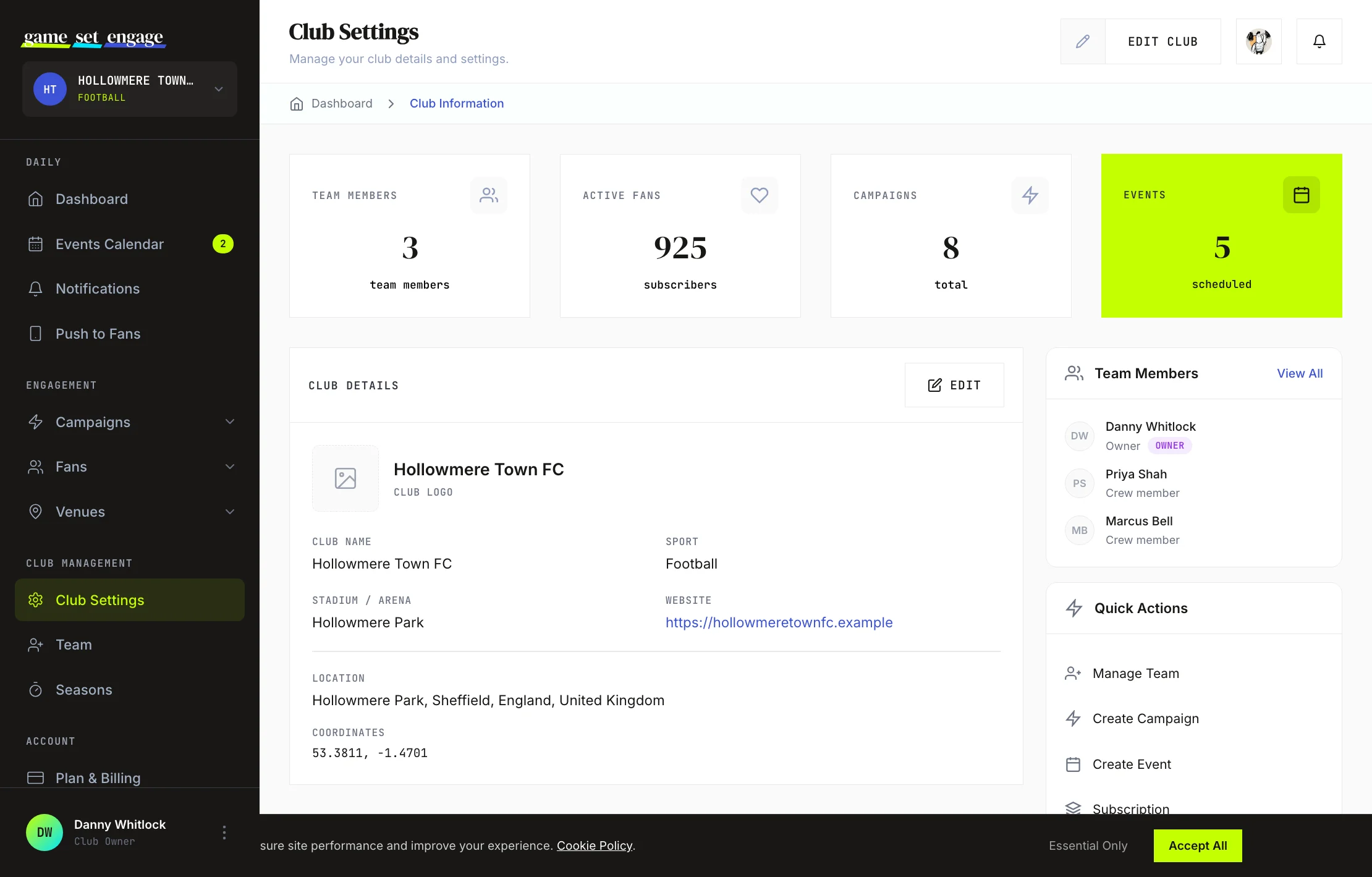 The saved Club Settings page with the success confirmation banner
