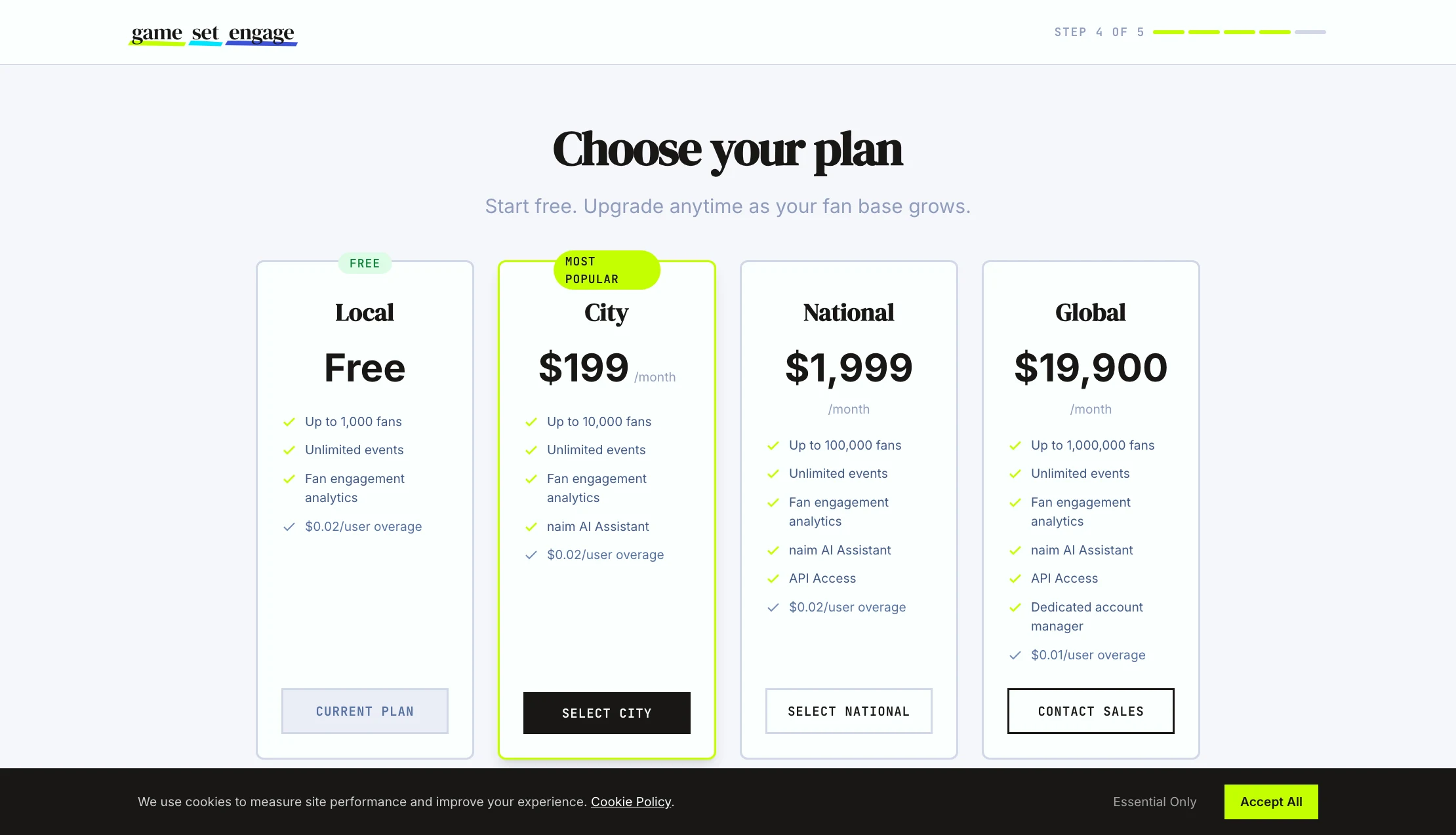 The plan selection screen with four plan cards and the City plan highlighted as most popular