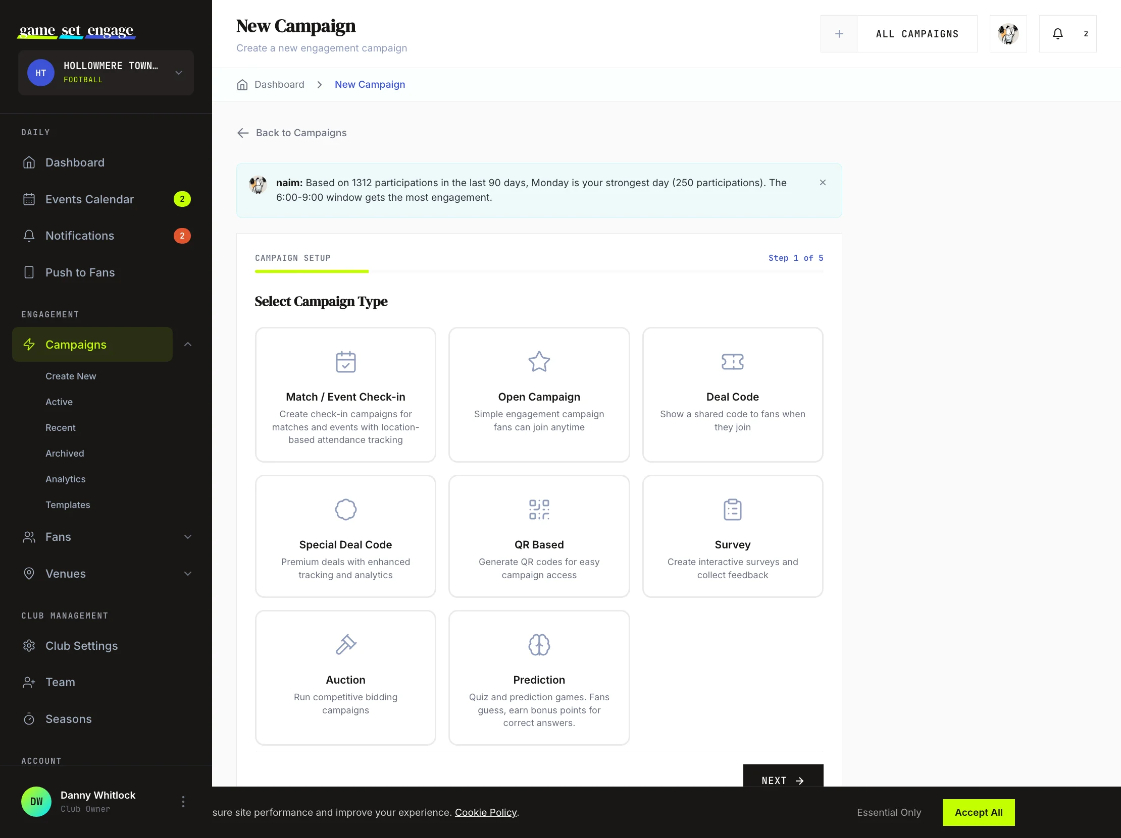 The campaign type selection step showing the grid of type cards