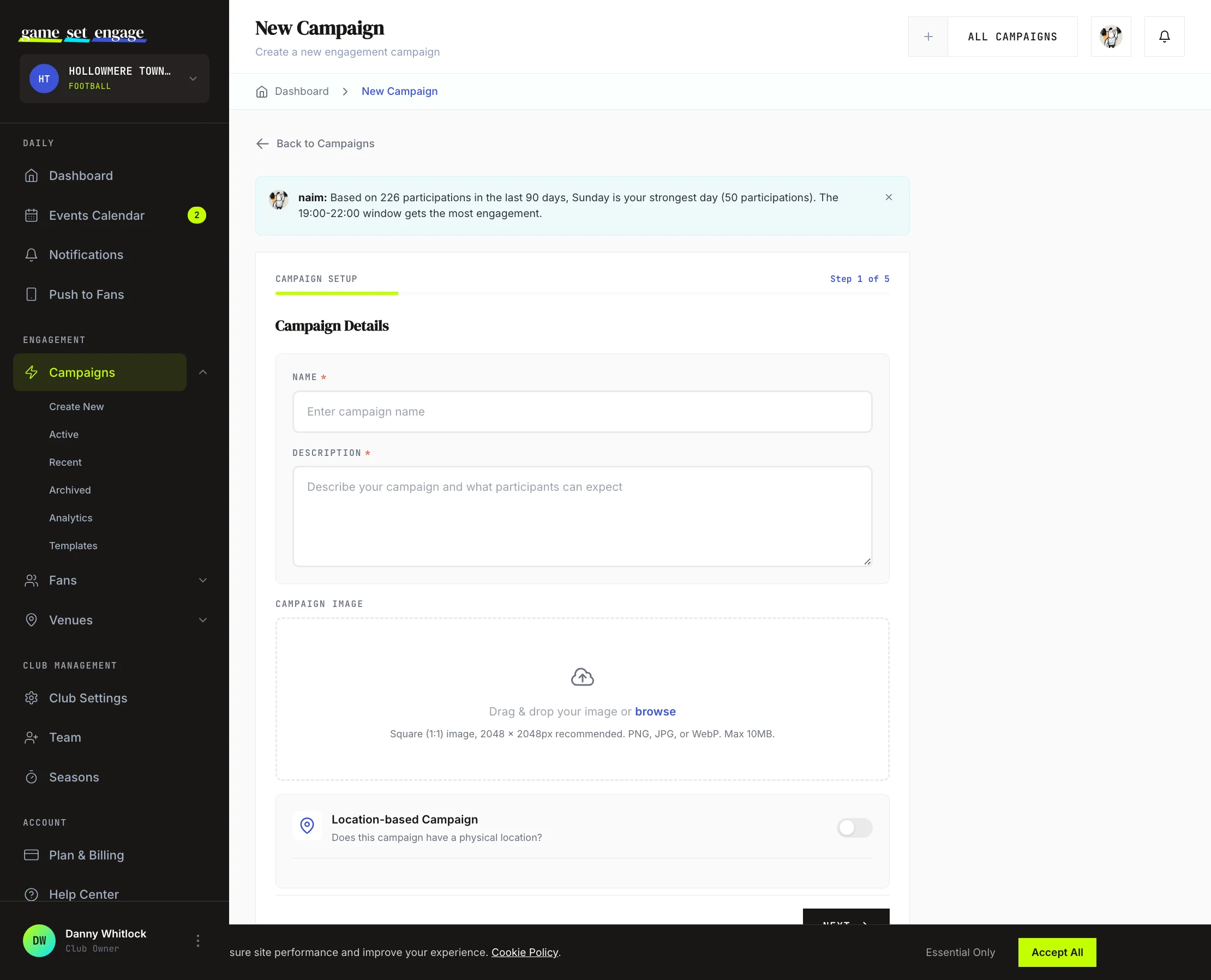The campaign details step with name, description, and image dropzone