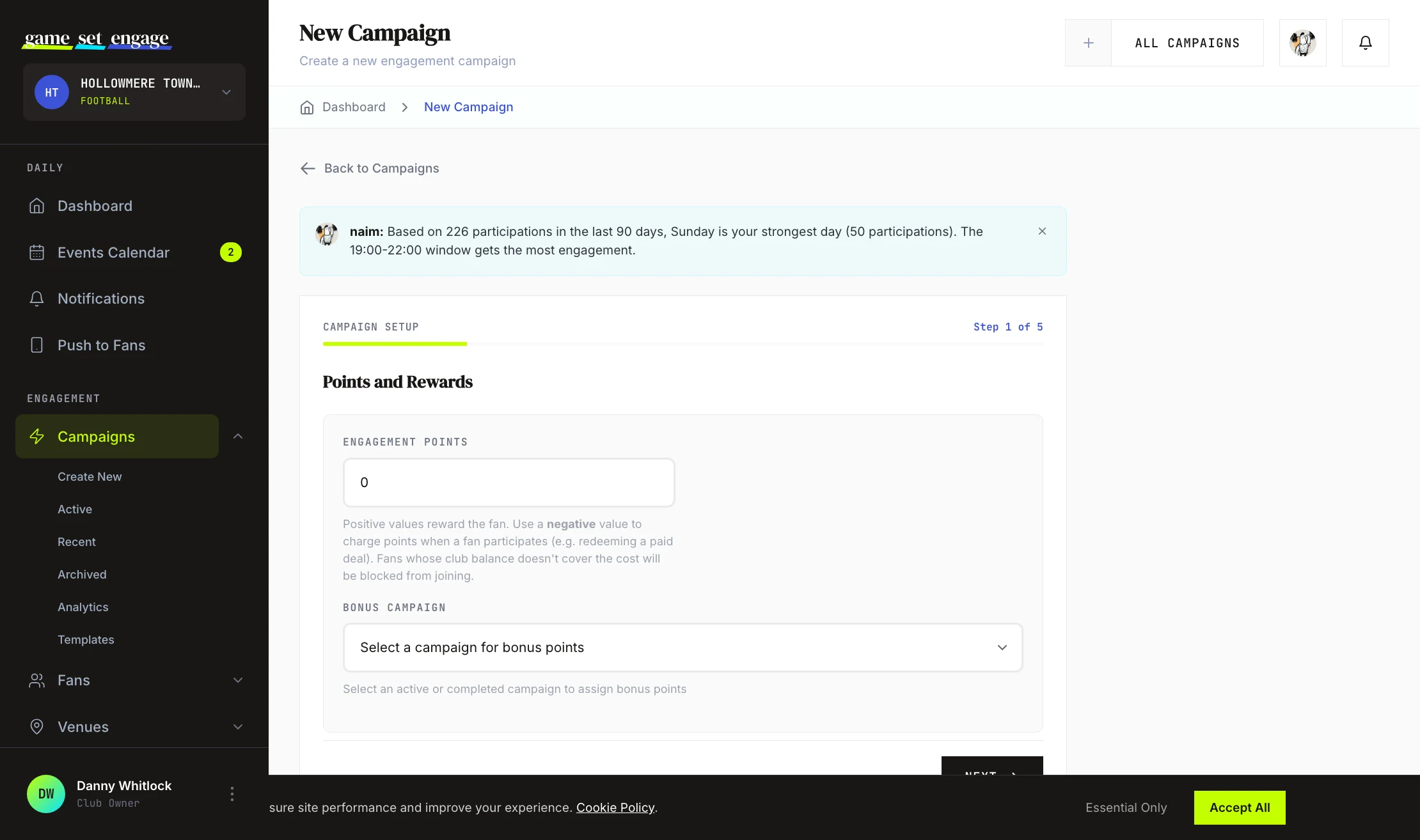The points and rewards step with engagement points and check-in tier fields