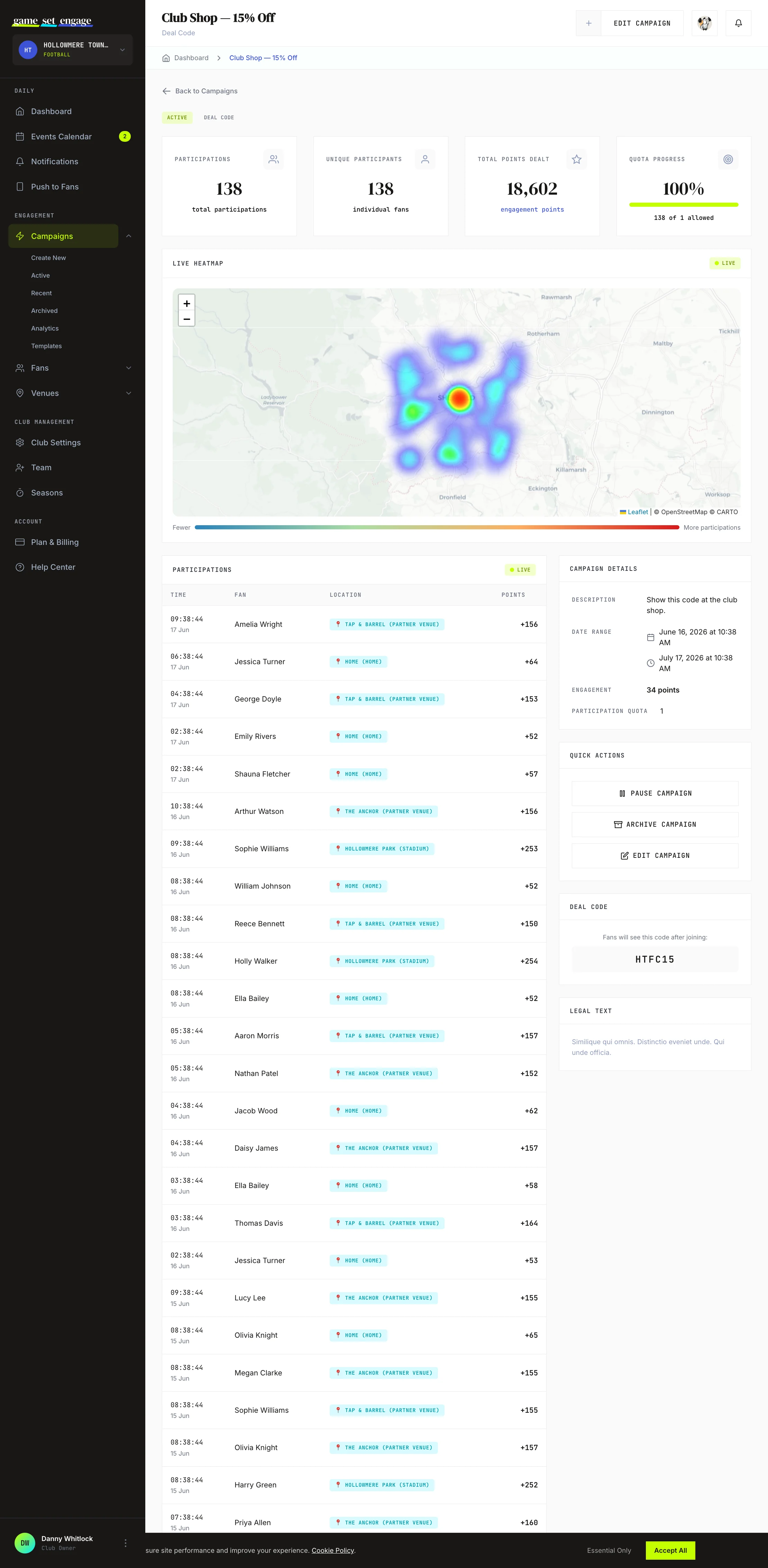 The Deal Code panel on the campaign page, showing the single shared code fans see after joining