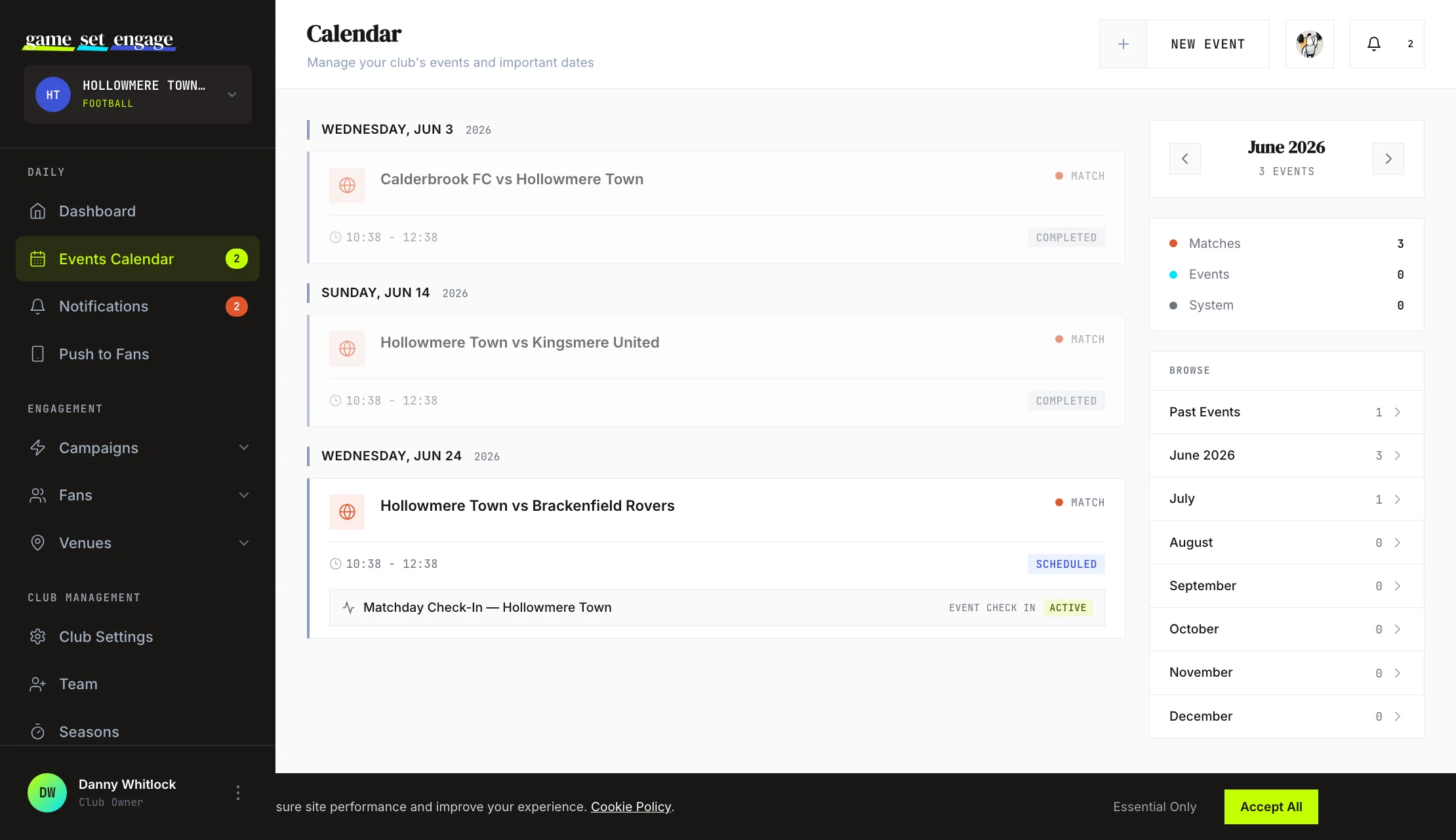 The events calendar timeline, with events grouped by date and a sidebar for browsing months