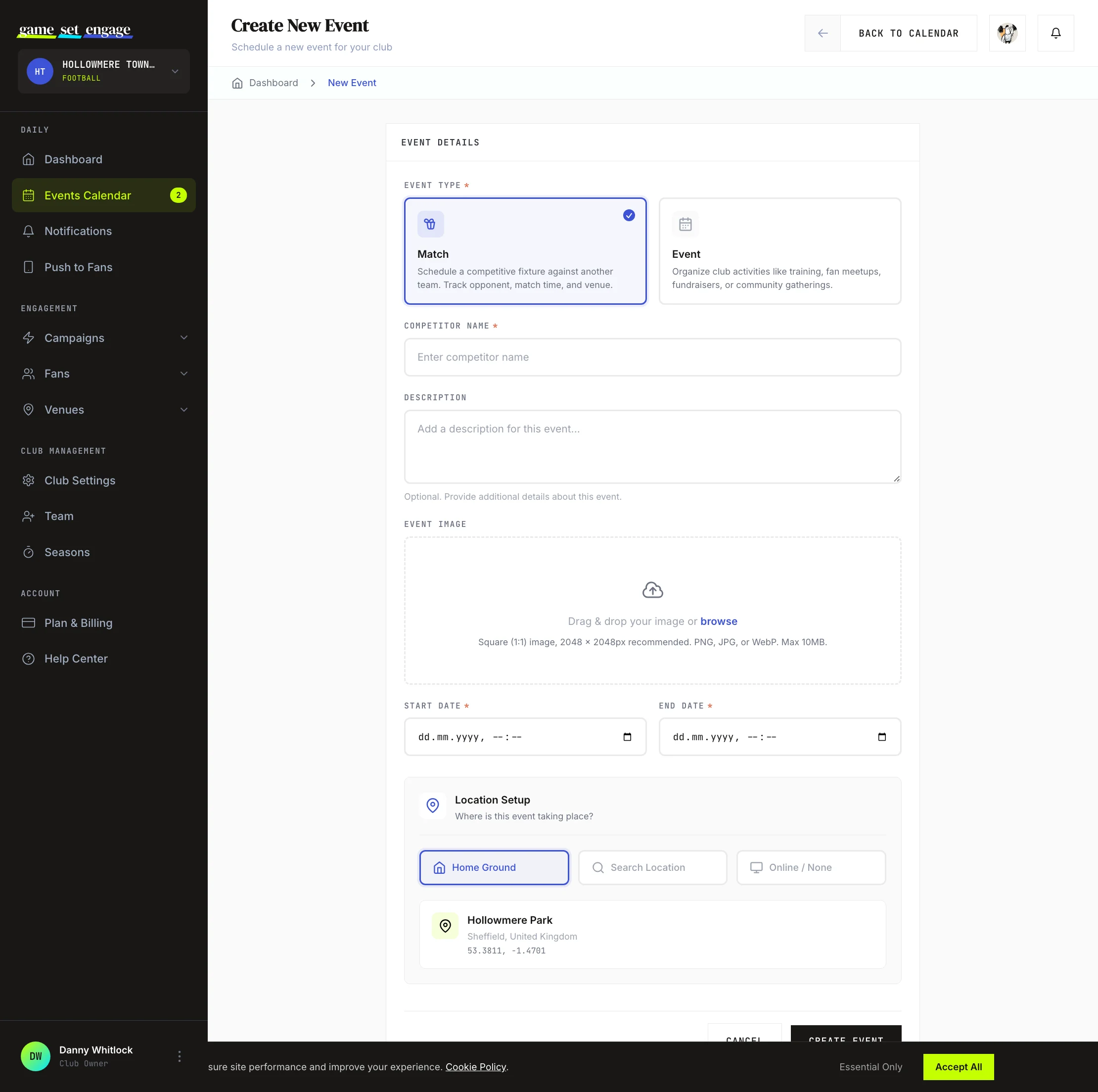 The new event form, showing the Match and Event type cards and the title and description fields
