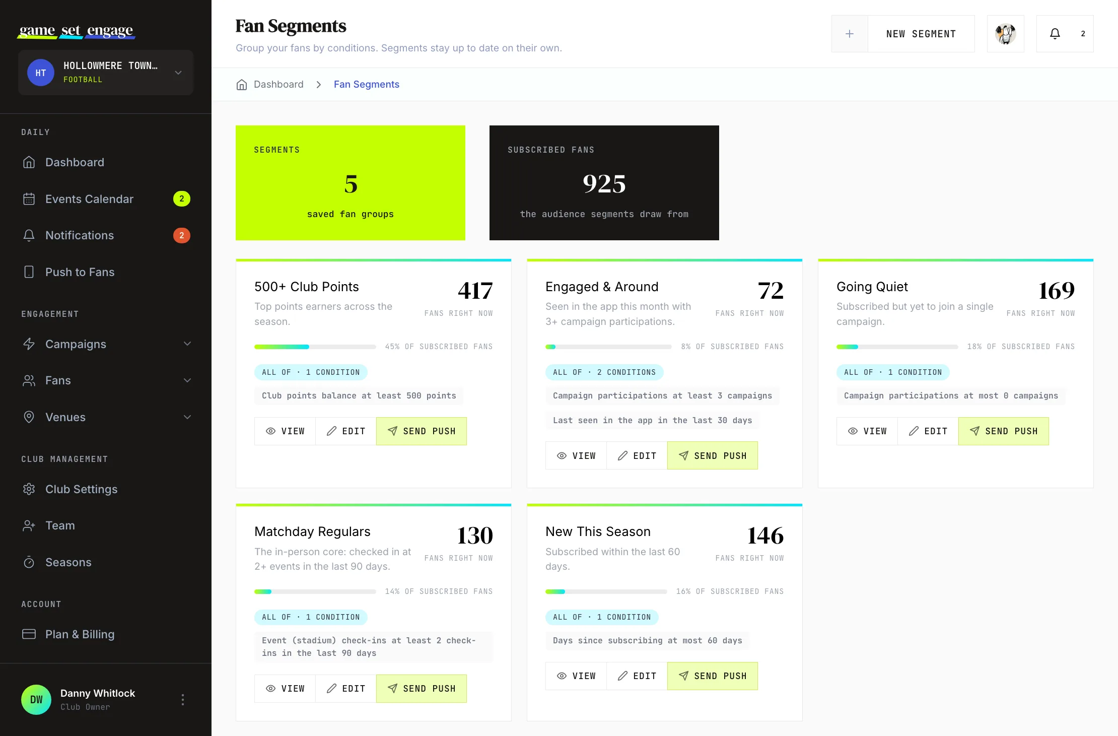The Segments page listing a club's segments with live member counts