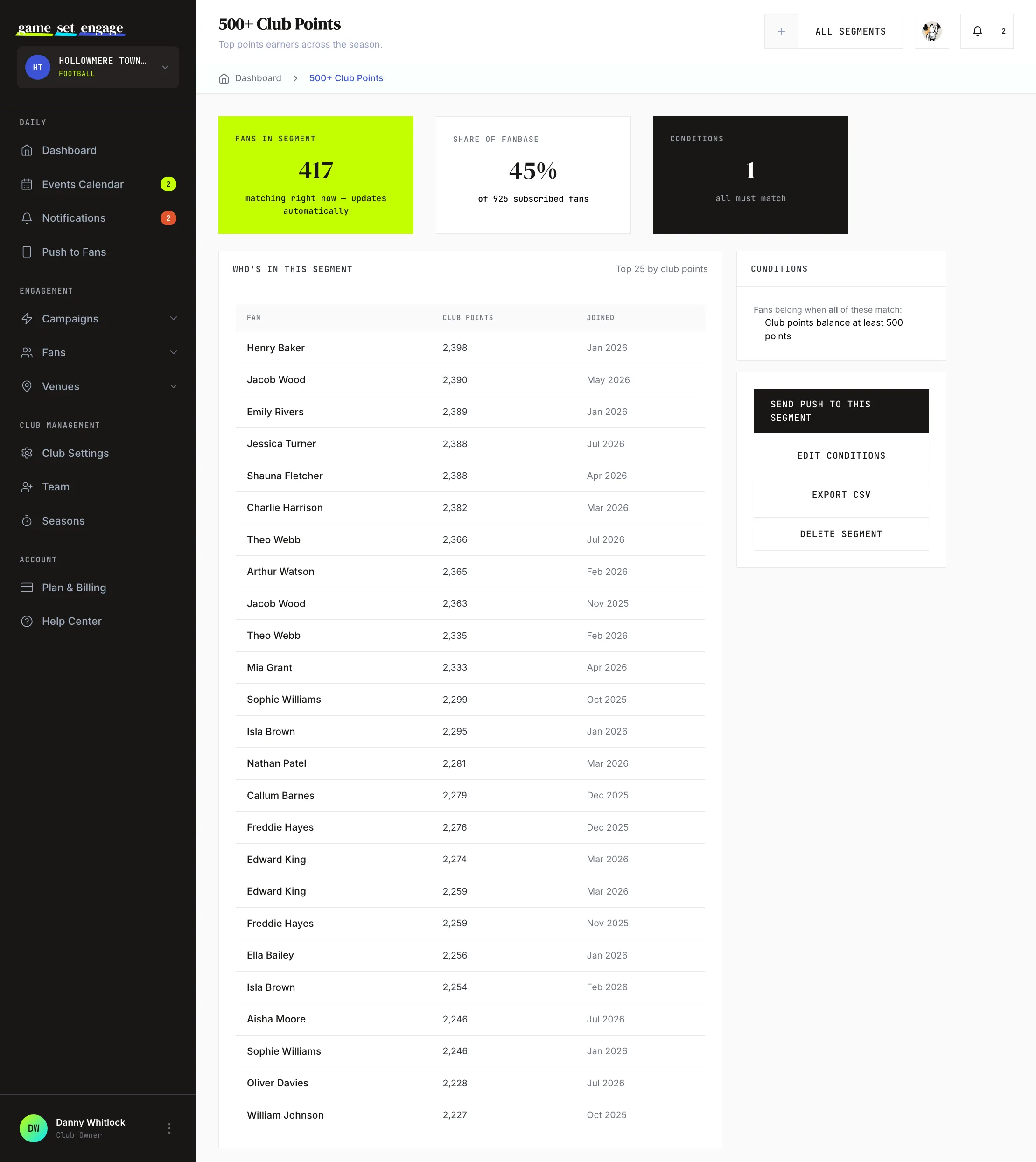 A segment's detail page with member count and sample members
