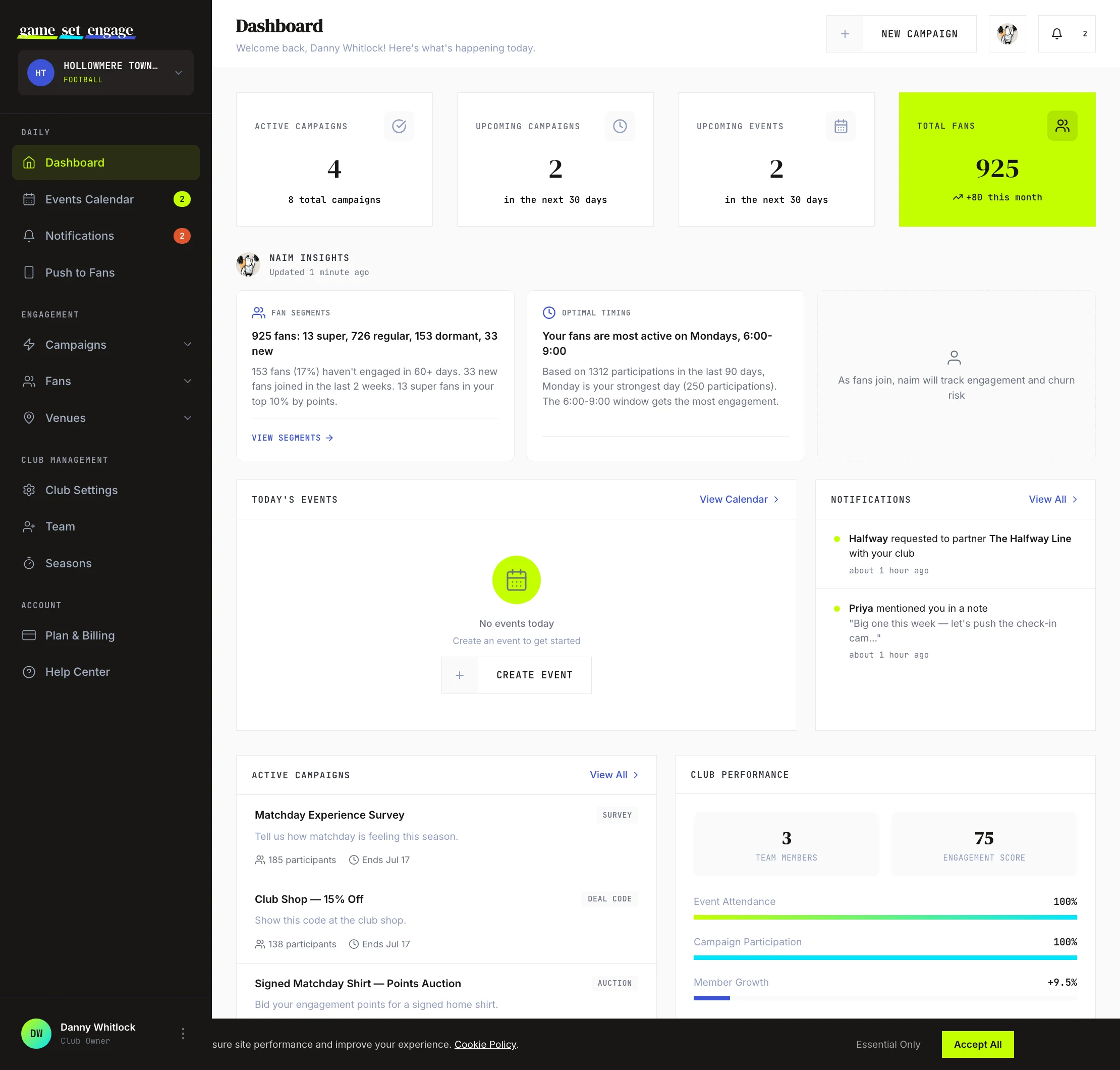 The Game Set Engage club dashboard home screen, showing the stats banner, recent campaigns, and the left-hand navigation