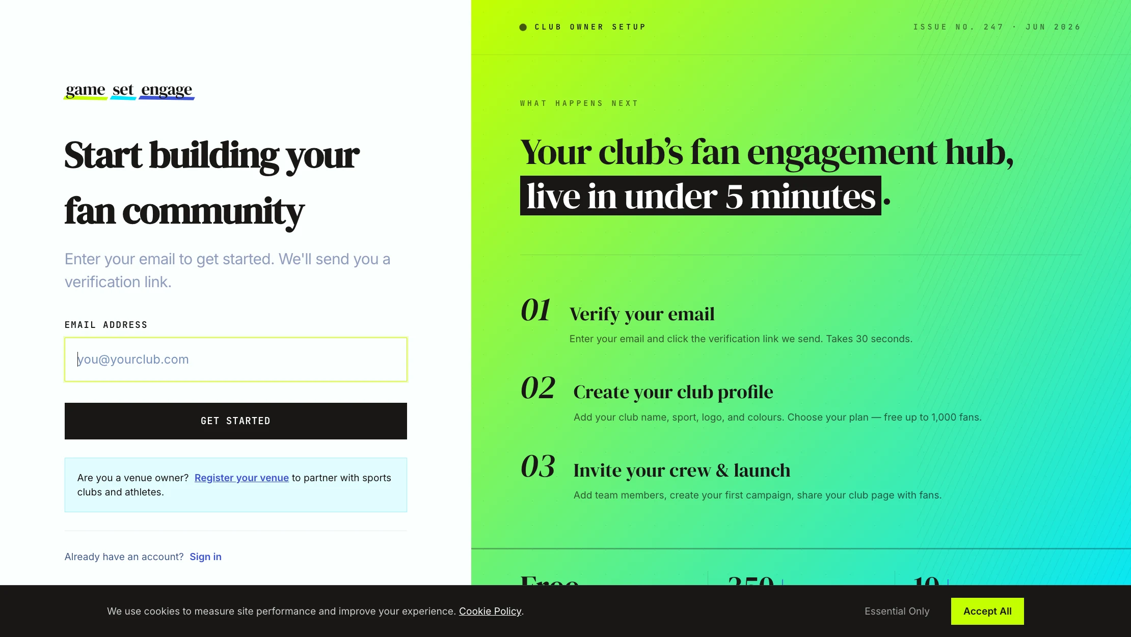 The club sign-up screen where you enter your email to get started