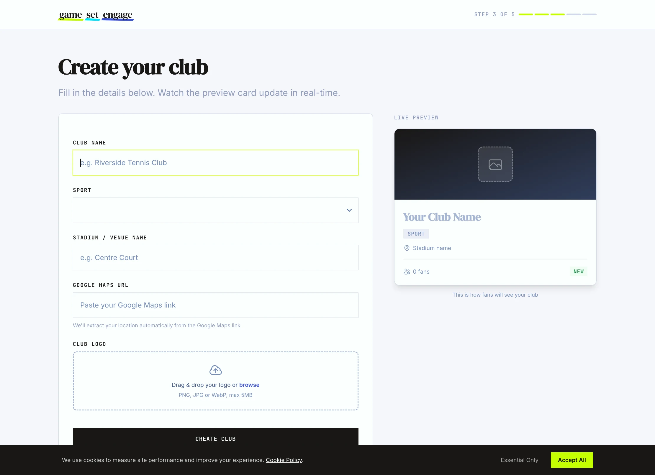 The club setup form with a live preview of the club profile as you type