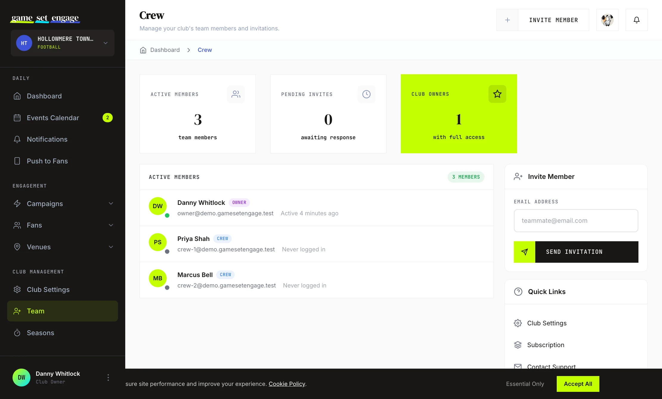 The Crew screen showing active members, pending invitations, and the invite panel