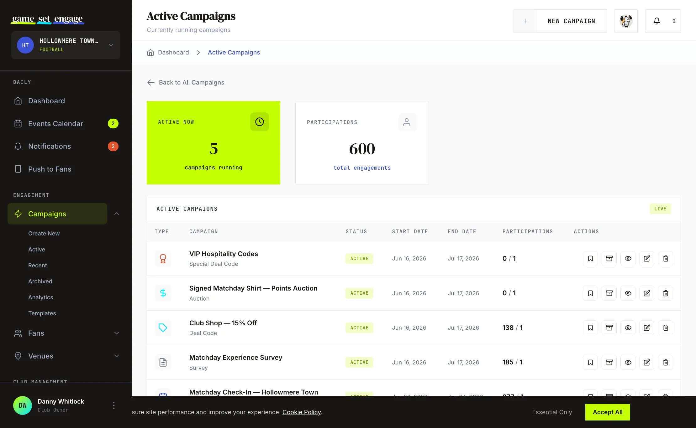 The Active Campaigns view with a live count and the running campaigns table