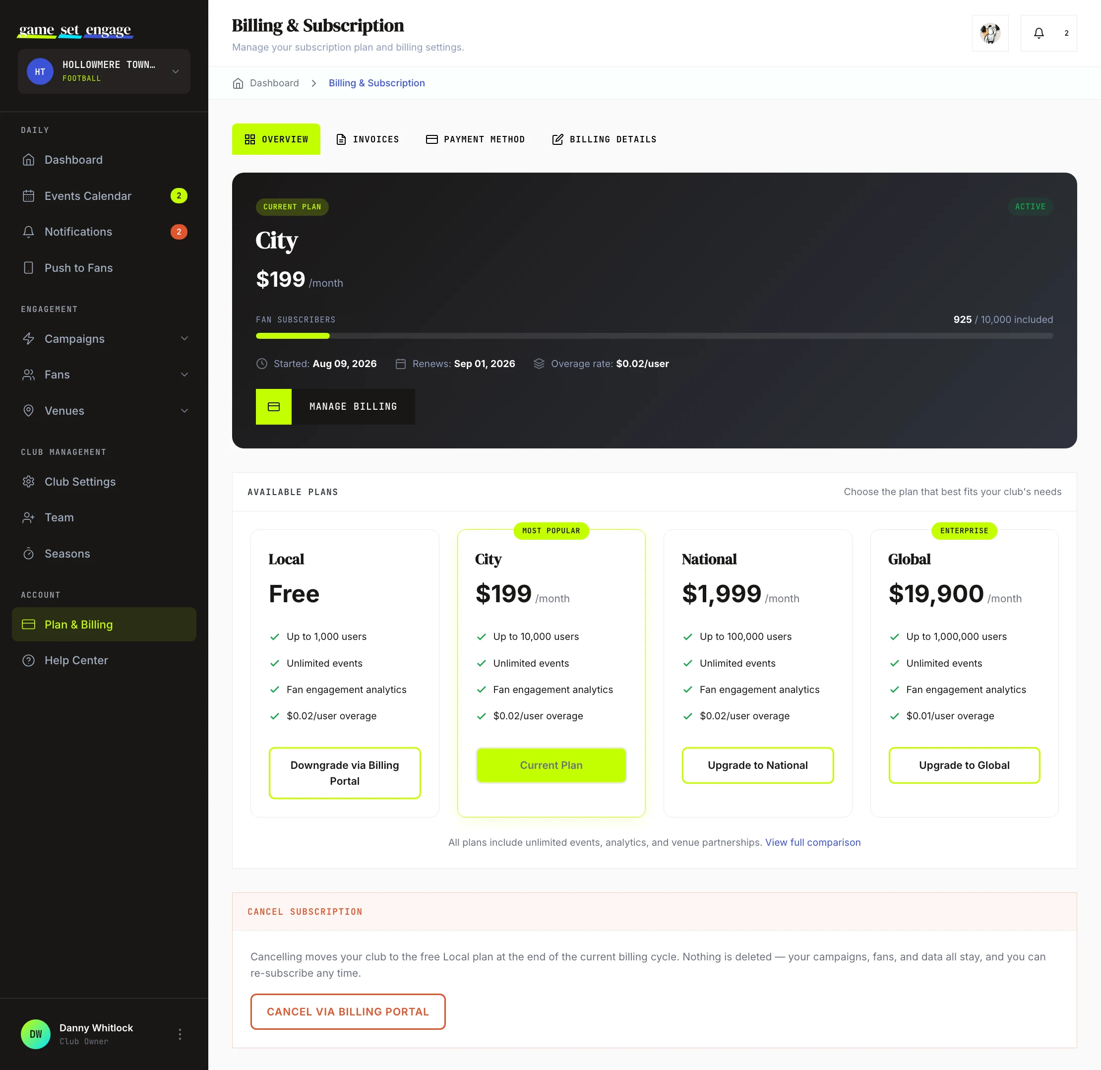 The Billing and Subscription screen showing the current plan, fan usage bar, and available plans