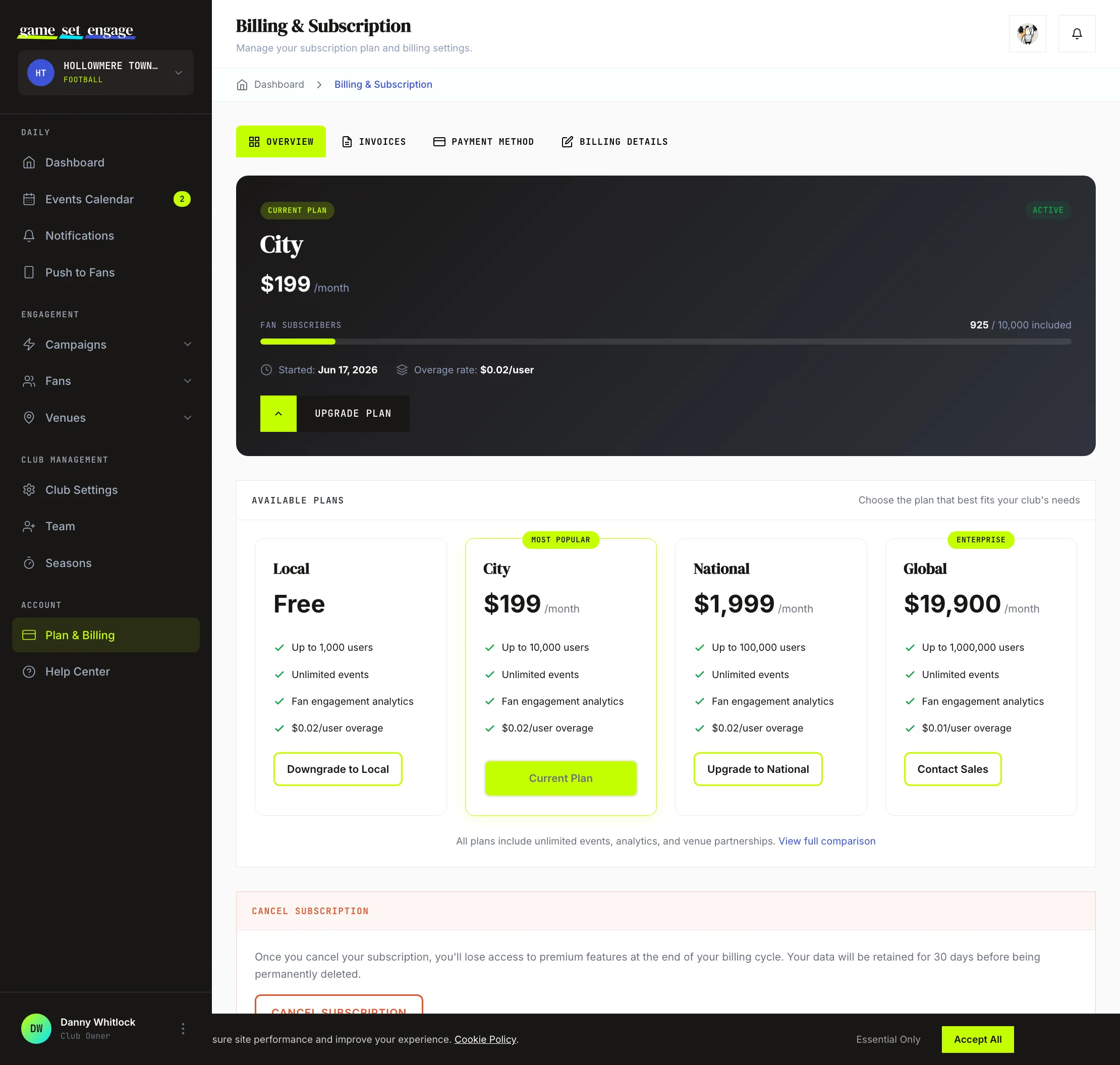 The Available Plans grid with Local, City, National, and Global tiers and the current plan highlighted
