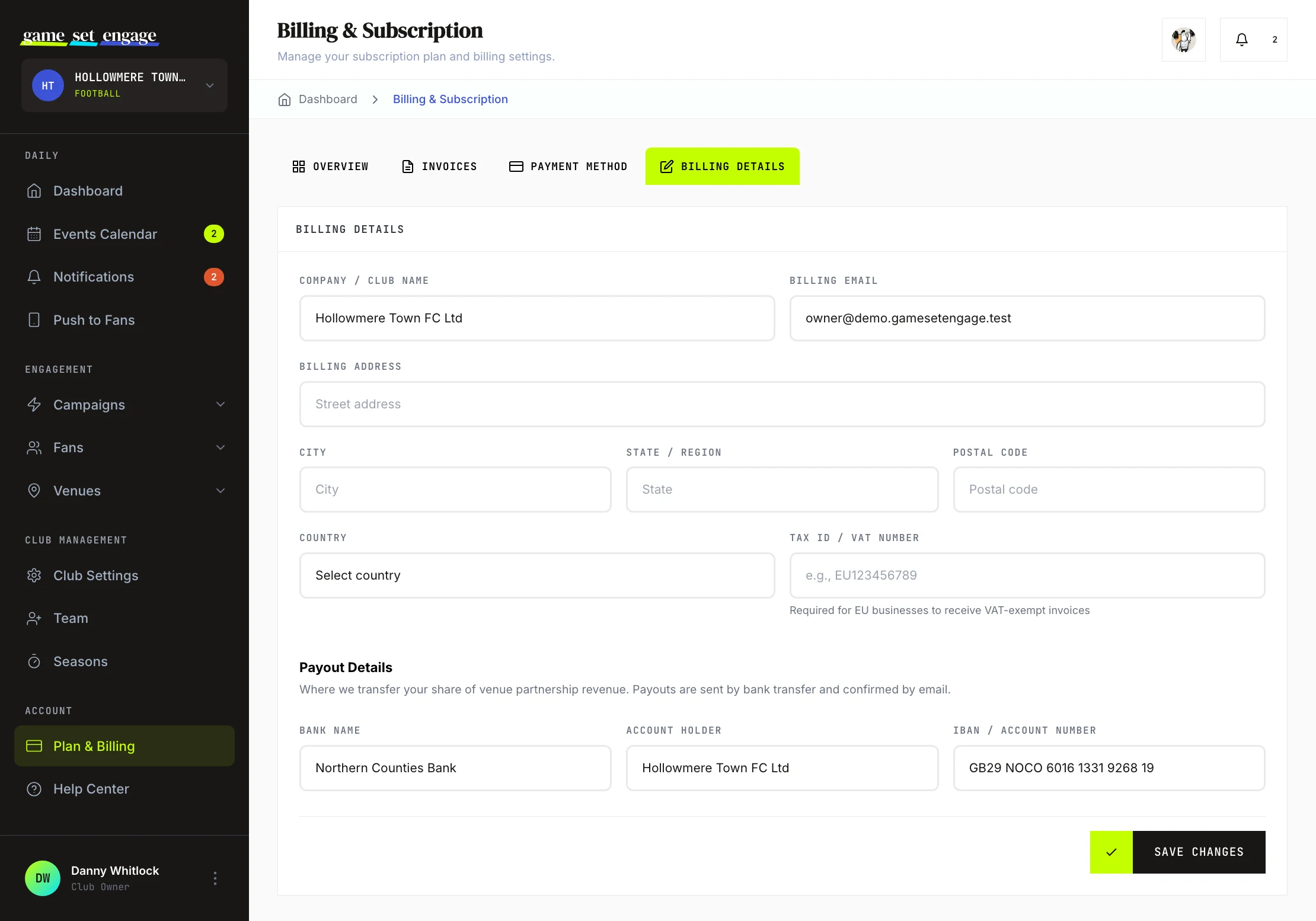 The Billing Details tab with fields for company name, address, tax ID, and payout bank details
