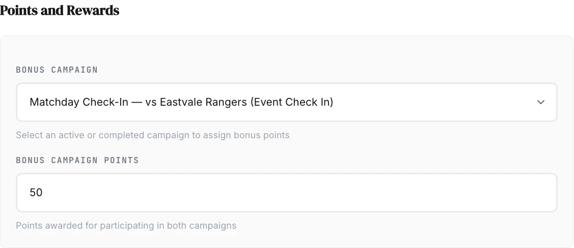 The Bonus Campaign selector and its points field in the Points and Rewards step