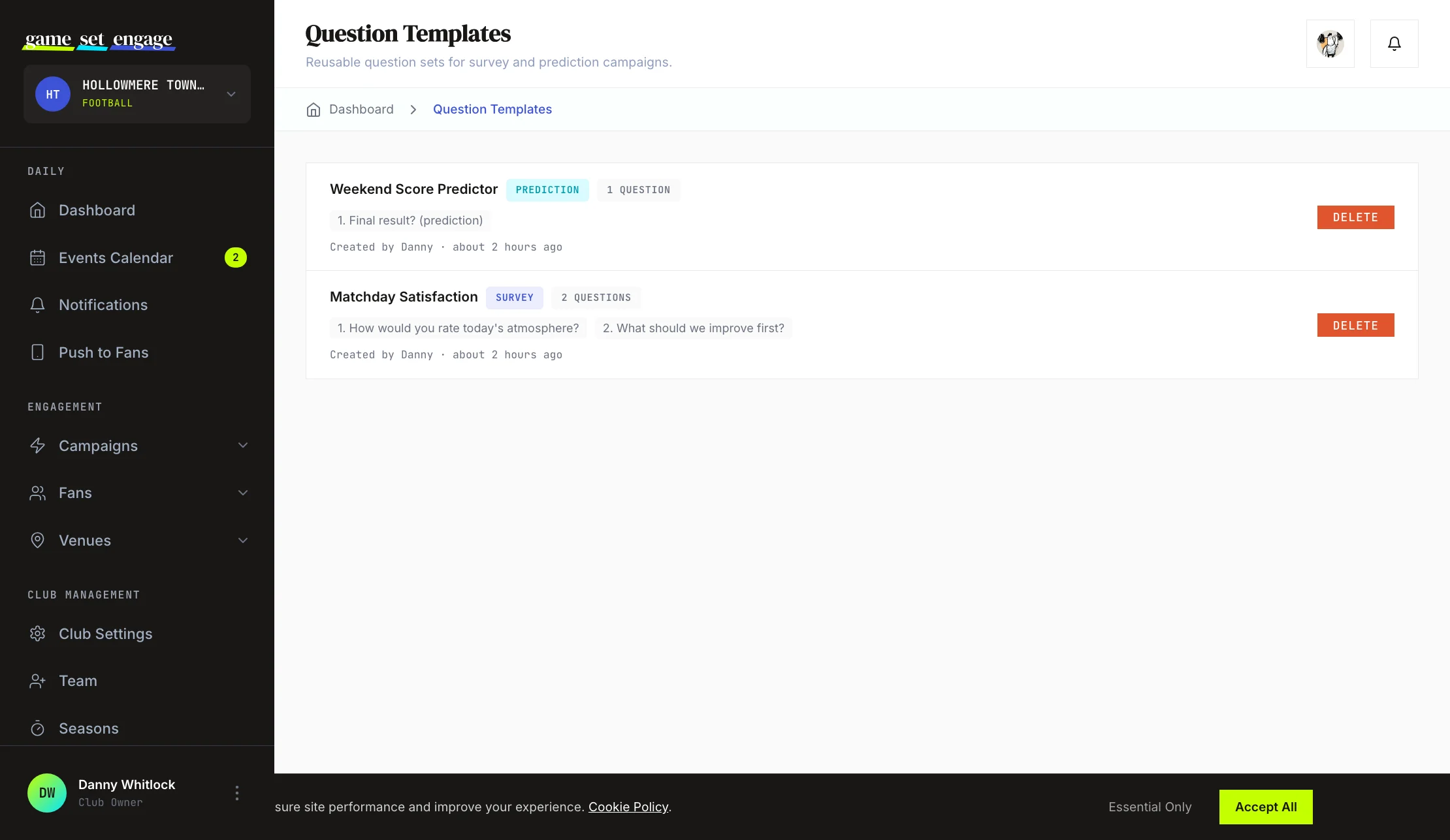 The Question Templates screen listing saved survey and prediction templates