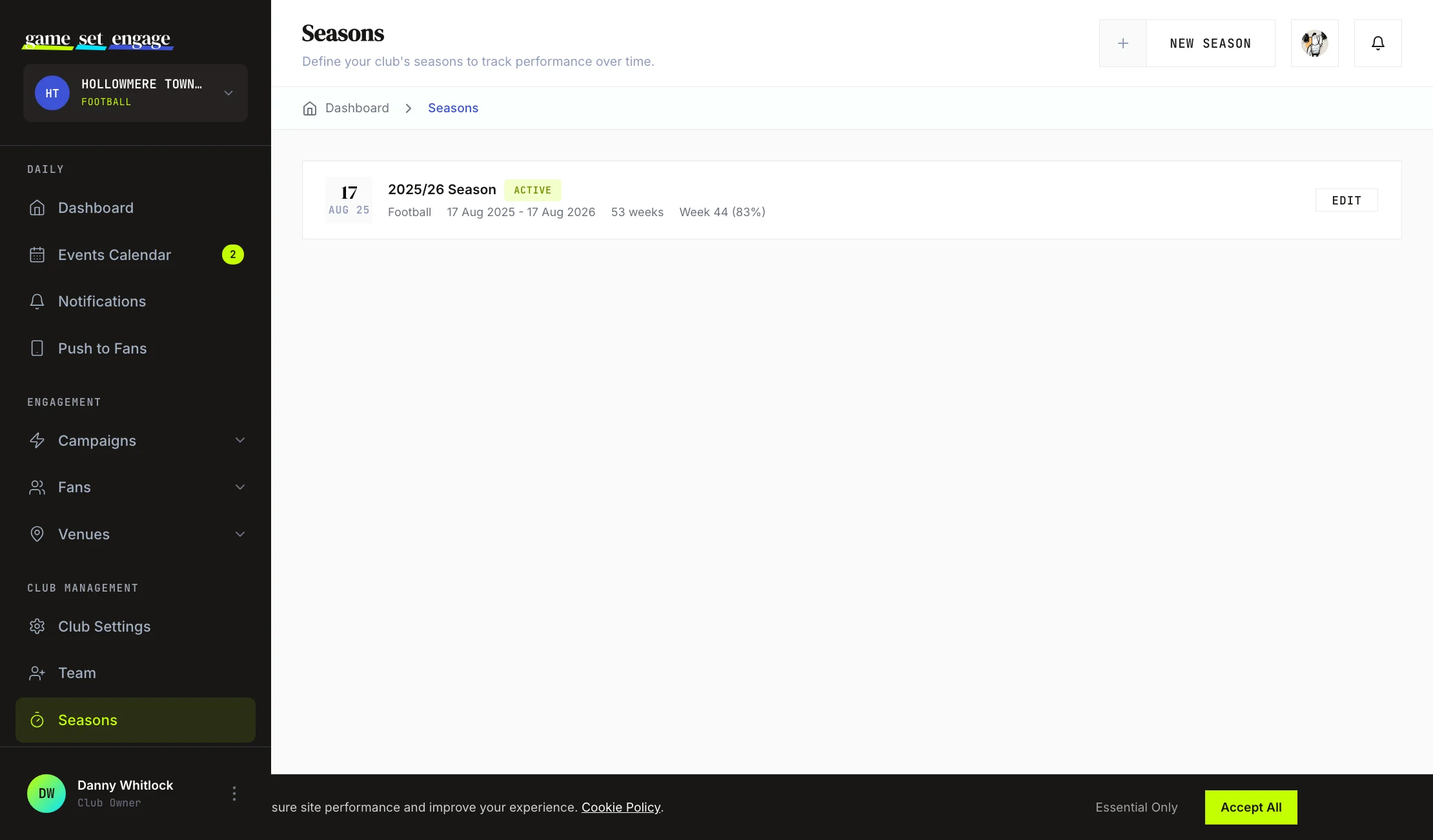The Seasons screen listing each season with its status badge, date range, and duration