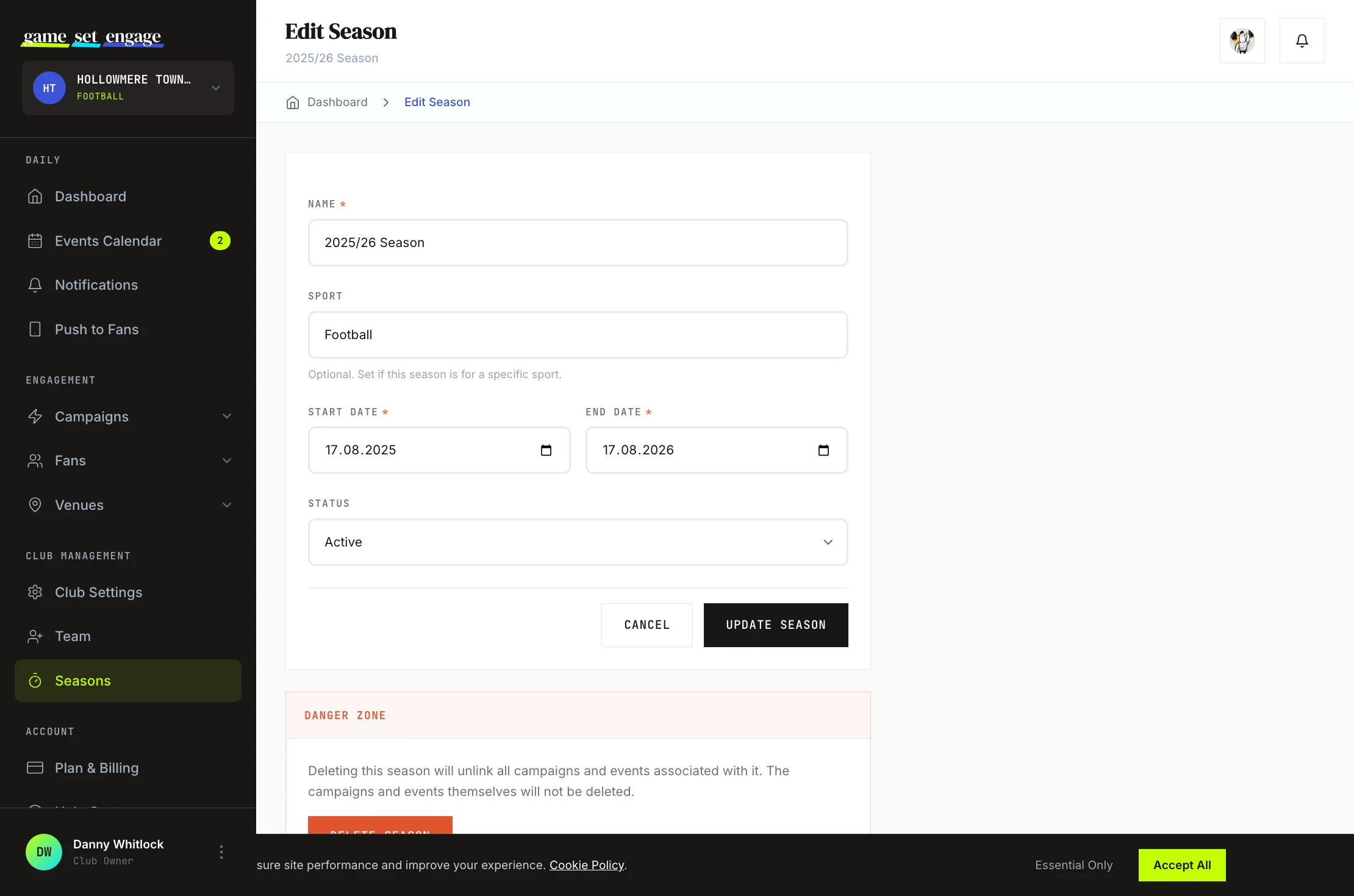 The edit season form with the status dropdown visible
