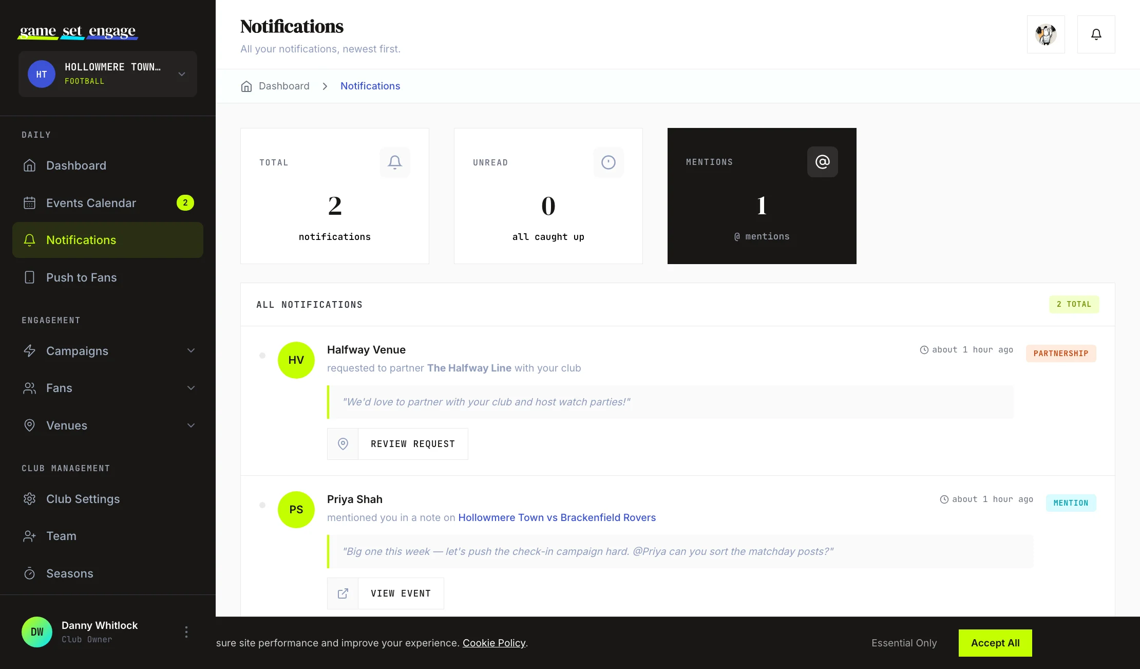 The Notifications centre with the Total, Unread, and Mentions cards above the list