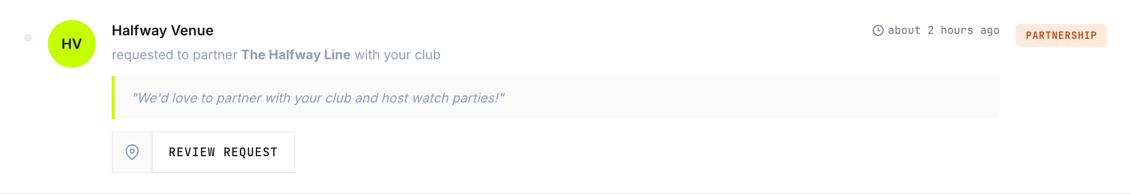 A notification row showing the actor, the quoted note, the type badge, and the action button
