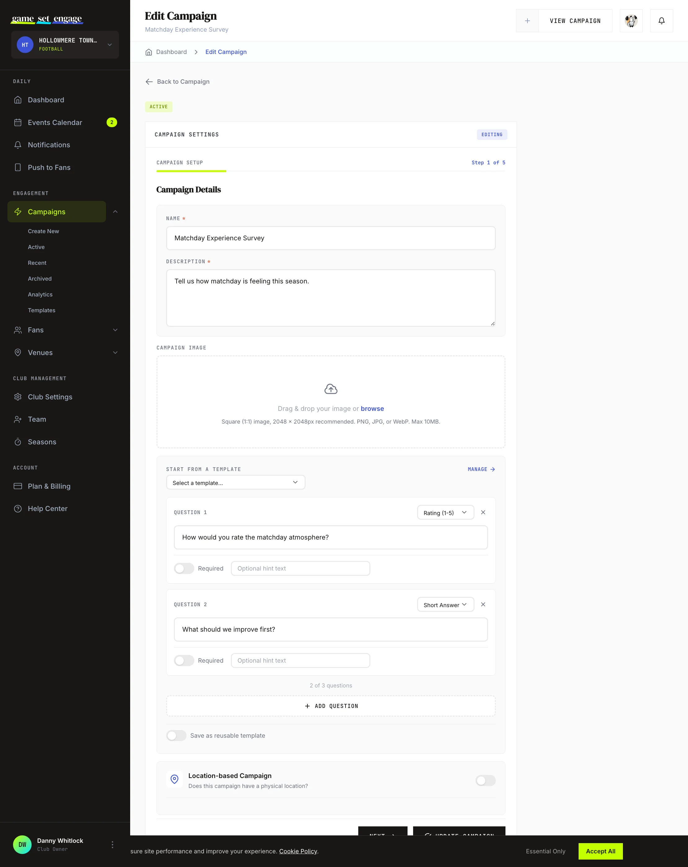 The survey question builder in the campaign form, with a question, answer options, and the Add Question button