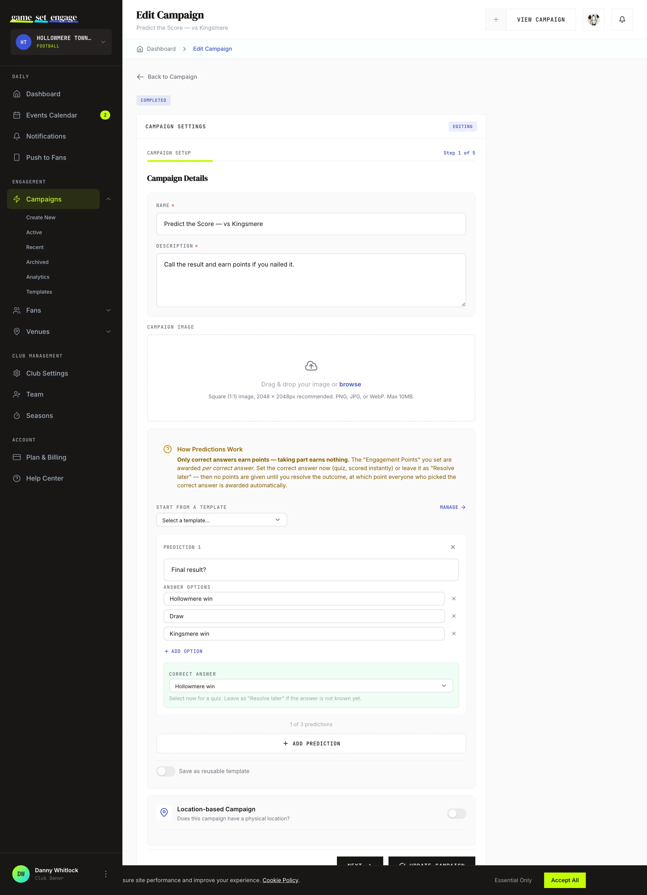 The prediction builder, showing the "How Predictions Work" notice above a prediction question with its outcome options