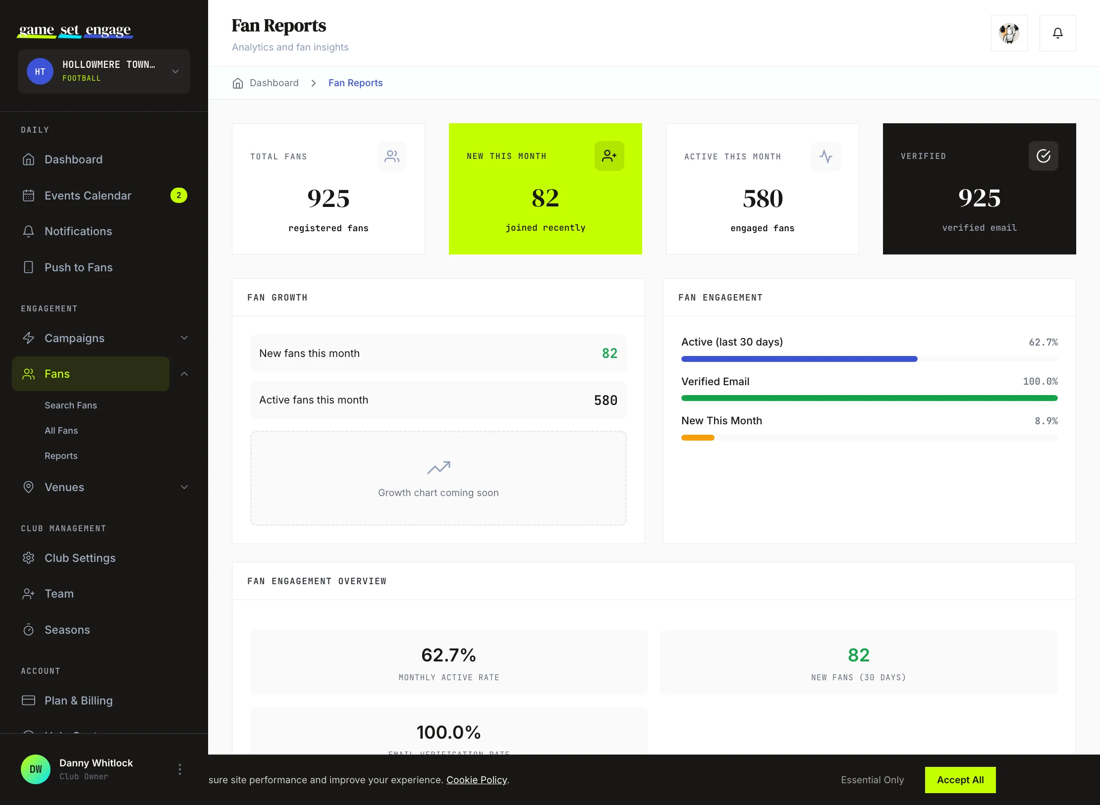 The Fan Reports screen with summary cards, growth and engagement panels, and the engagement overview
