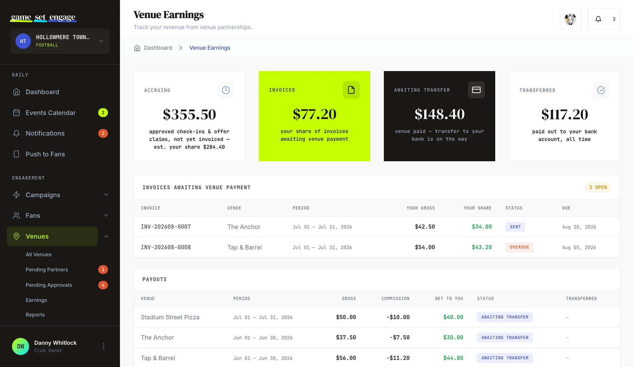 The Venue Earnings screen showing the four lifecycle stat cards