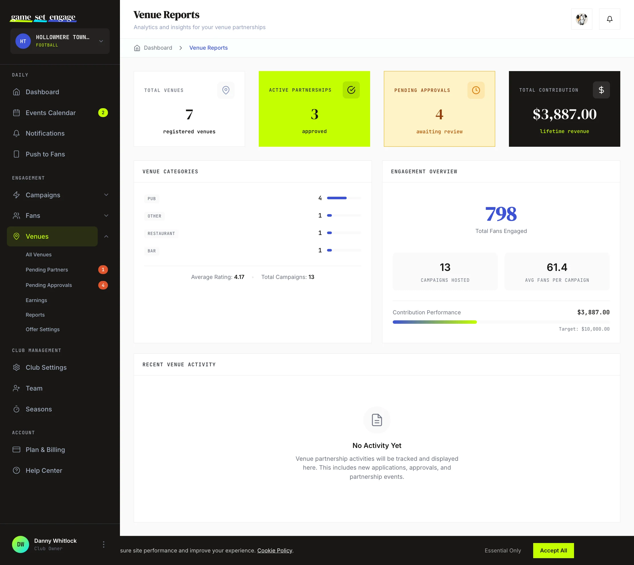 The Venue Reports screen with category breakdown and engagement overview panels