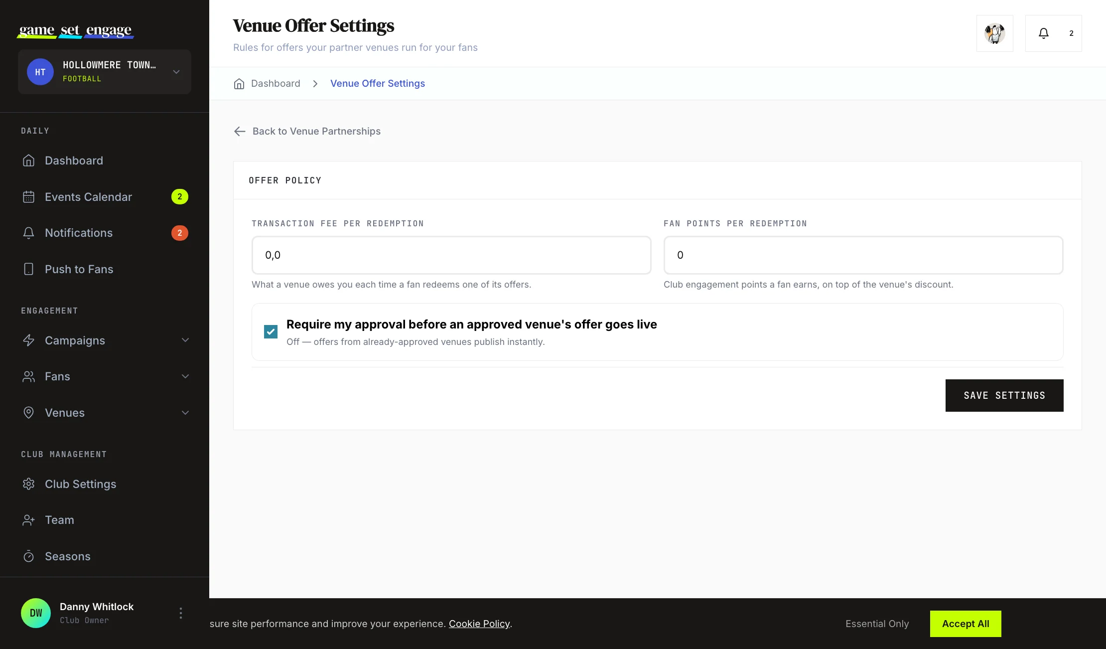The Offer Policy form showing the transaction fee field, fan points field, and the require-approval toggle