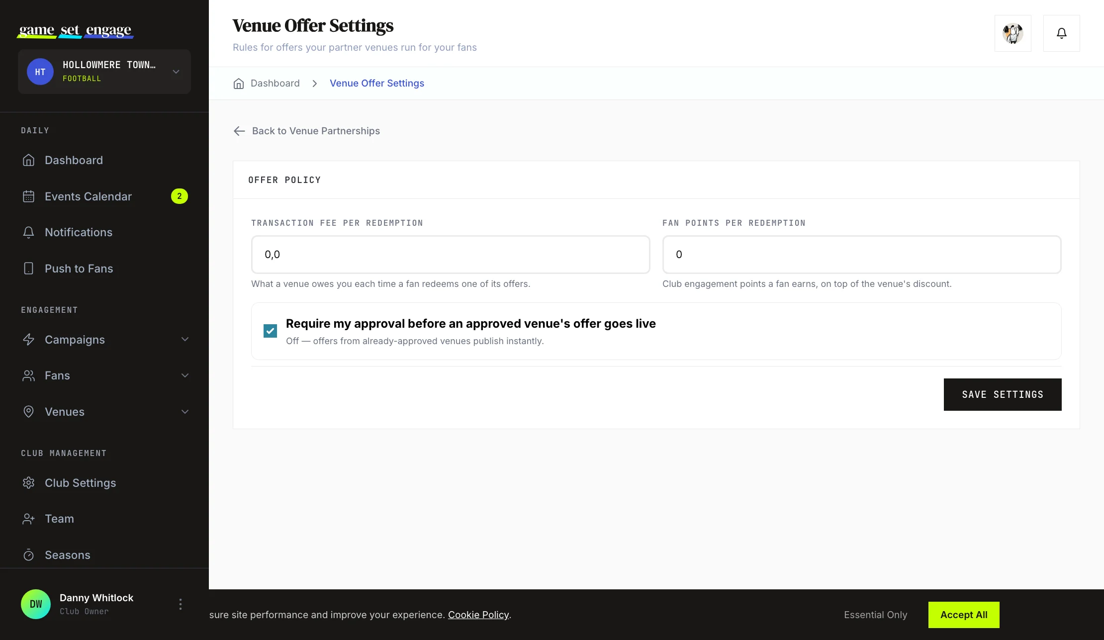 The Venue Offers list on the partnerships screen, showing a pending offer with approve and reject actions