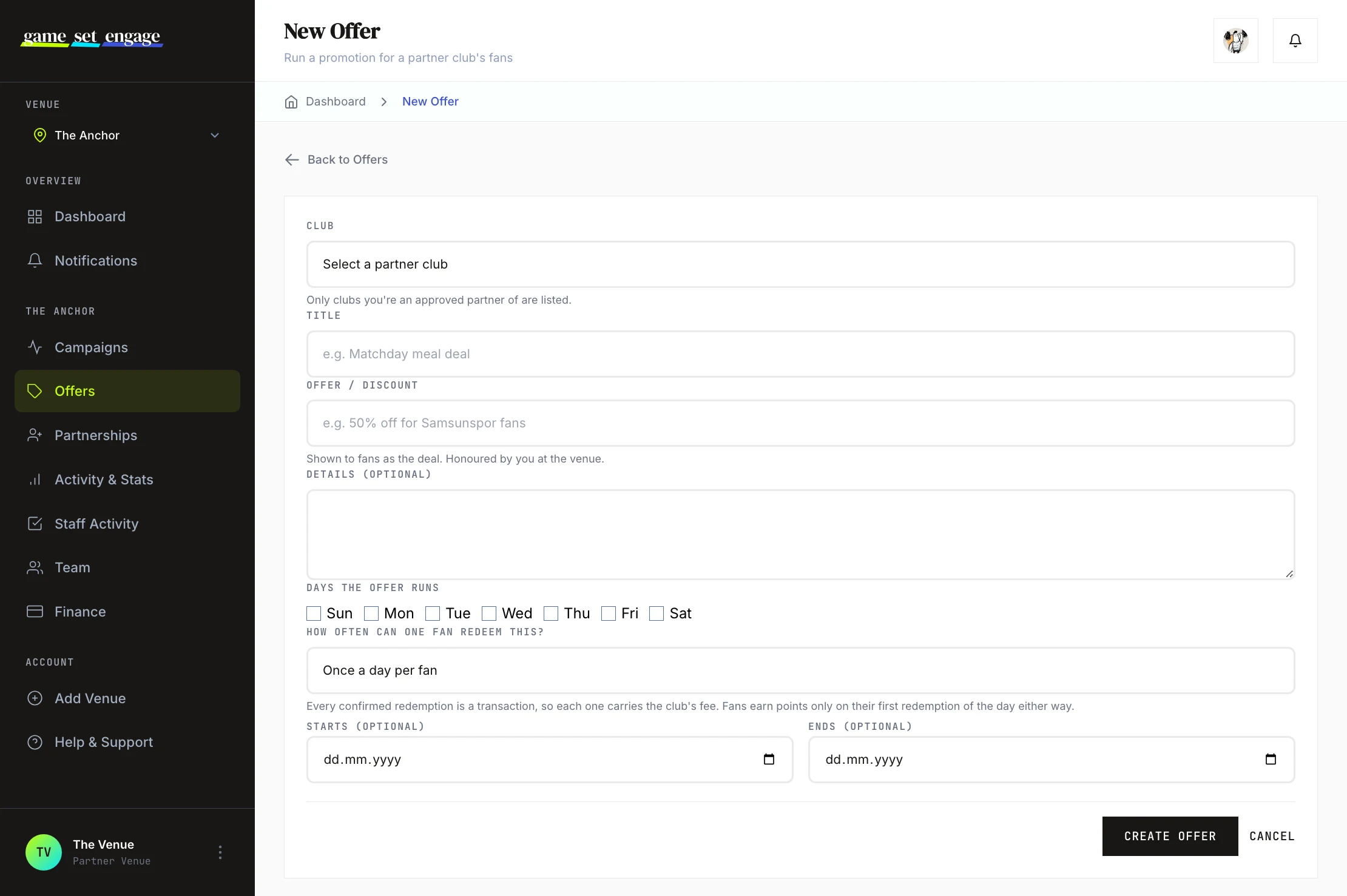 The offer form, with the redemption frequency setting that decides how often one fan can claim