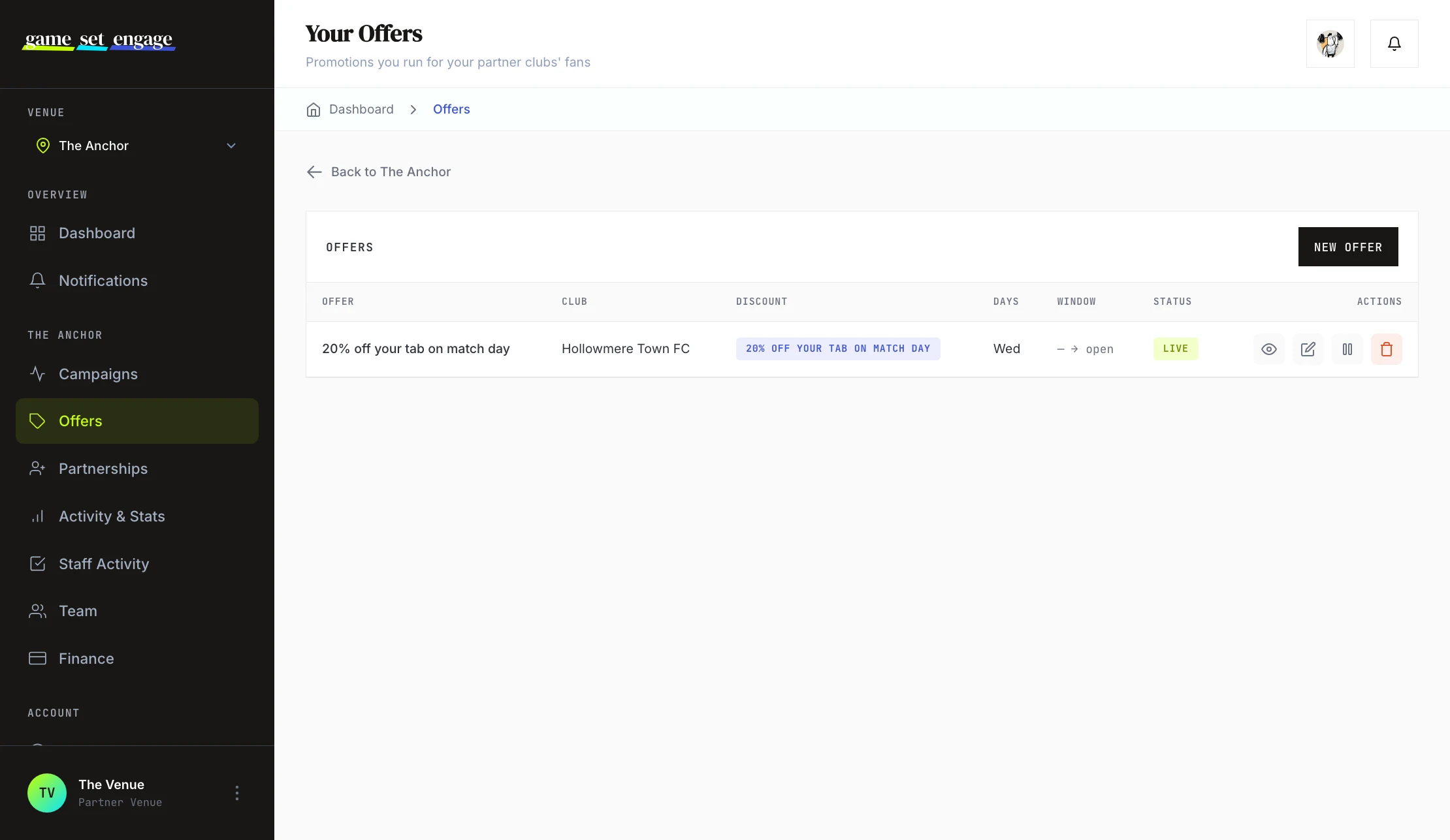 Your offers list, showing which are live and what each one costs you per redemption