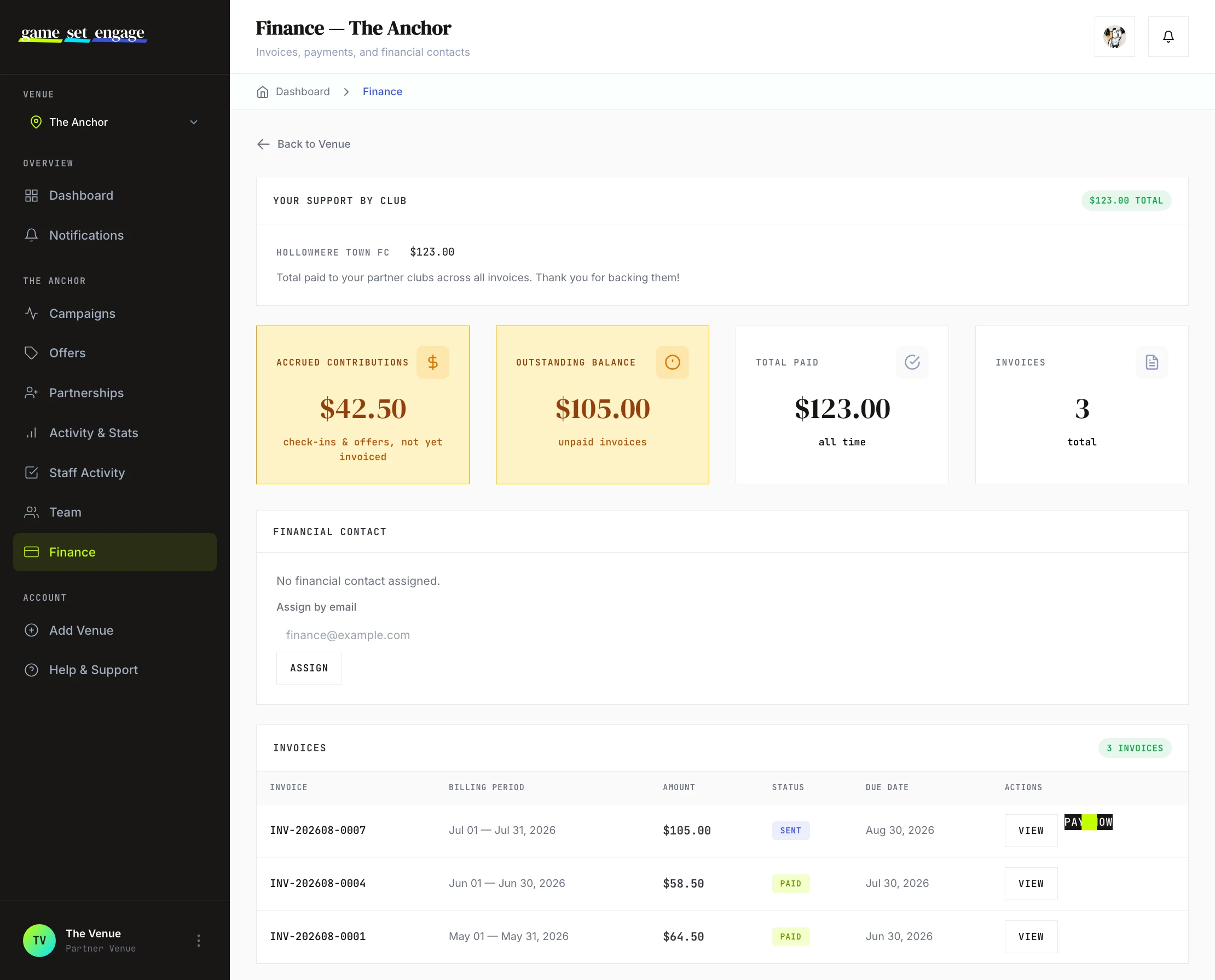 The finance screen listing your invoices, what each covers, and whether it's been paid