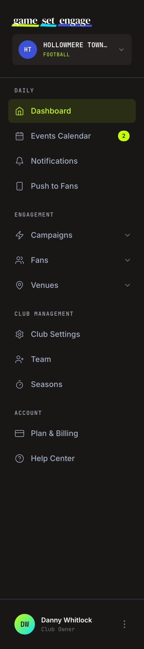The full club-owner left navigation, with the Daily, Engagement, Club Management, and Account sections