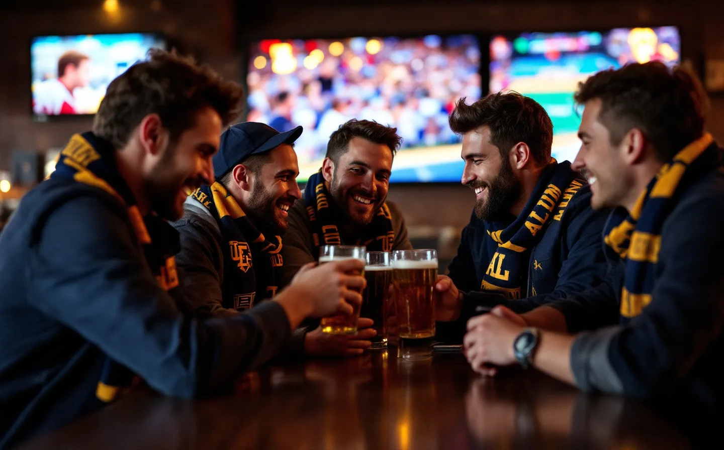 Alumni in team colors watching a game together at a city bar, phones on the table