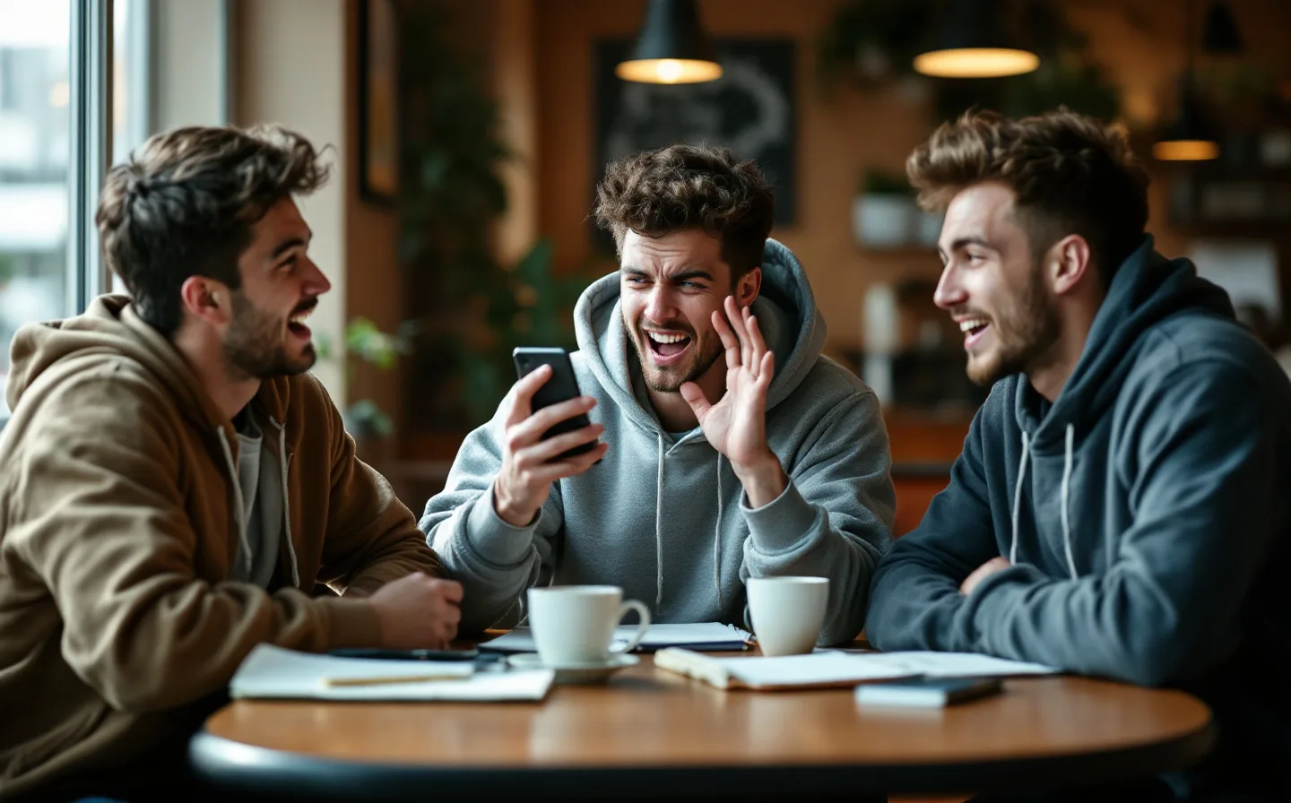 College fans mid-argument over a rivalry game prediction, phones out