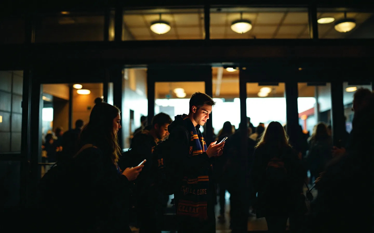 Students in a college arena checking in on their phones during a volleyball game